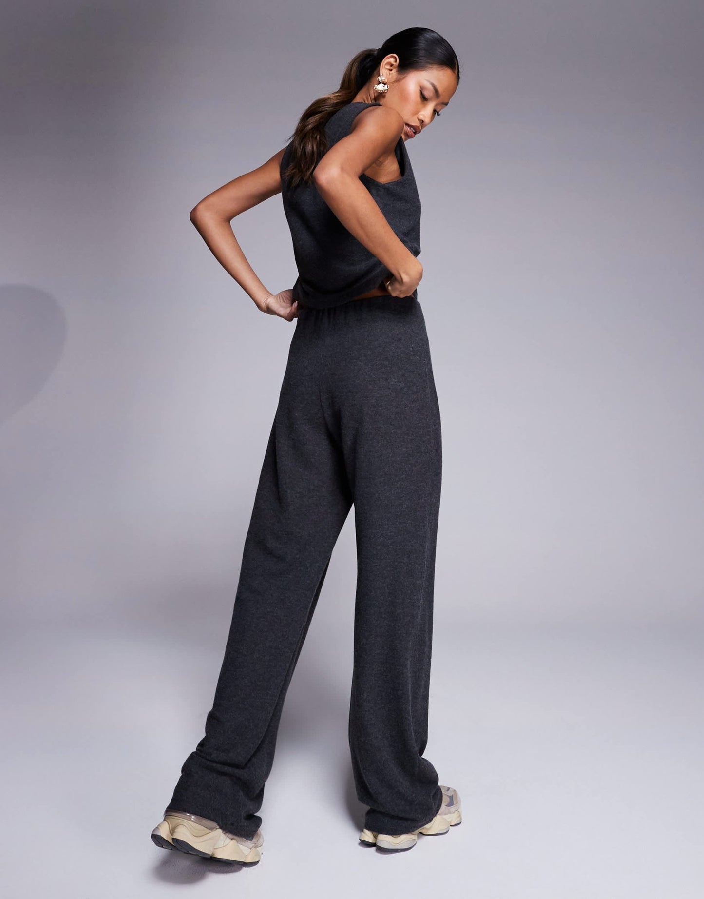 ASOS DESIGN co - ord brushed rib wide leg trouser in charcoal - ASOS Sample Sale