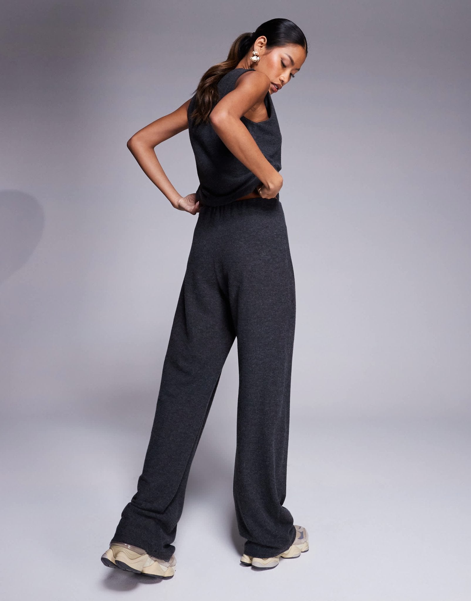 ASOS DESIGN co - ord brushed rib wide leg trouser in charcoal - ASOS Sample Sale