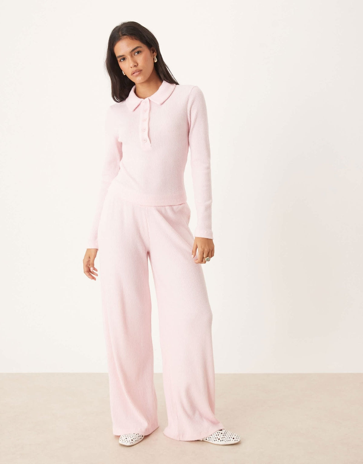 ASOS DESIGN co-ord brushed rib wide leg trouser in pink - ASOS Sample Sale