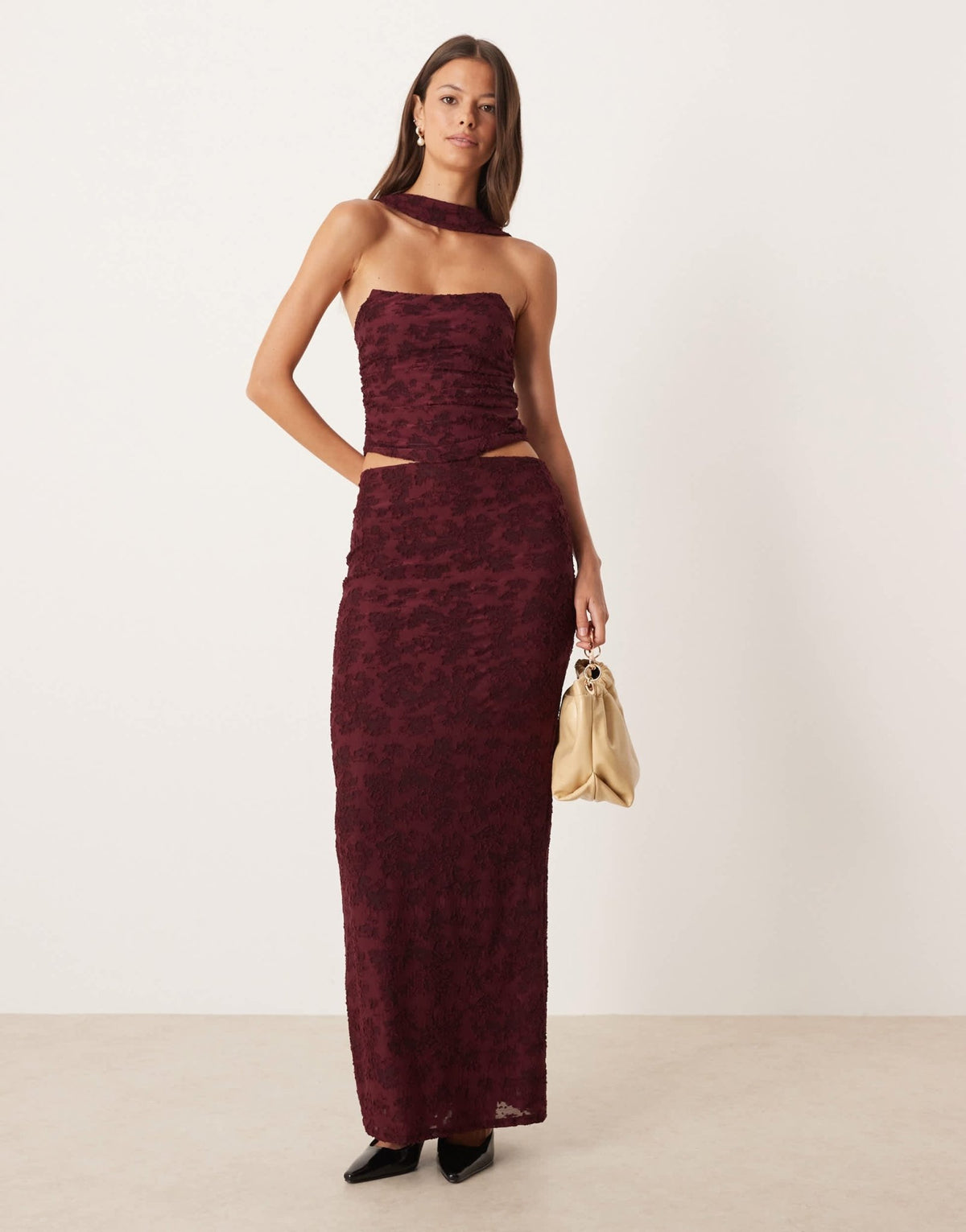 ASOS DESIGN co-ord column maxi skirt in wine burnout floral - ASOS Sample Sale
