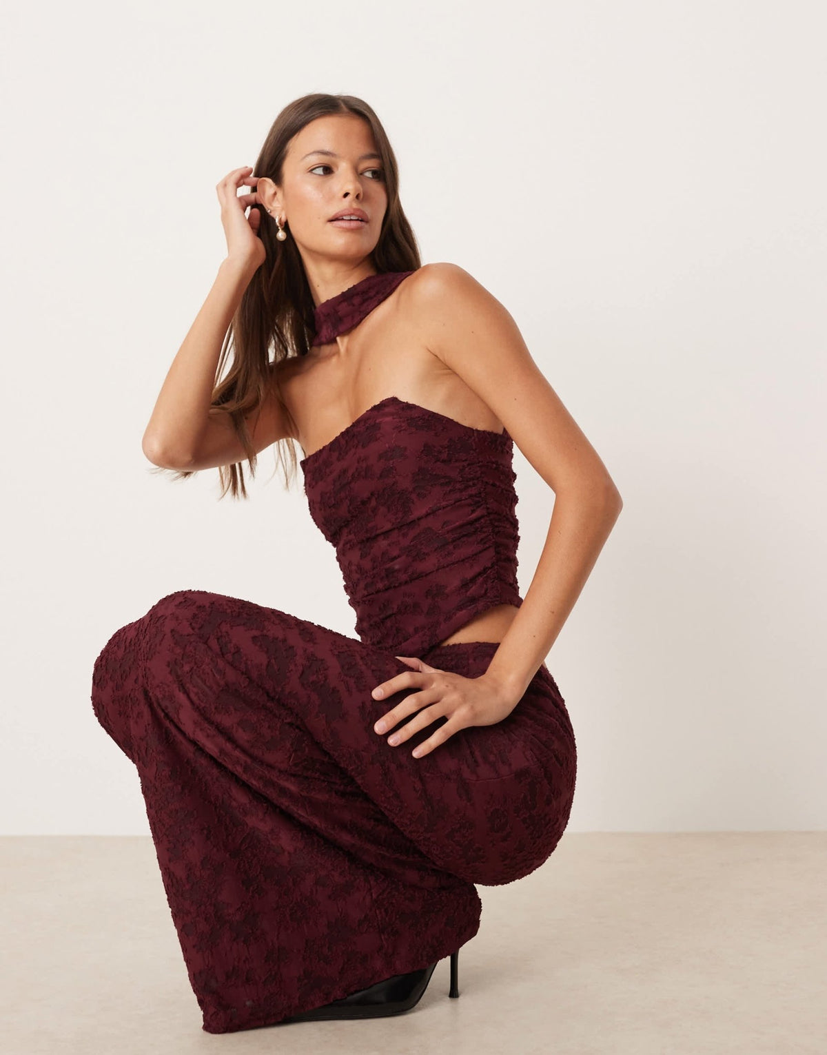 ASOS DESIGN co-ord column maxi skirt in wine burnout floral - ASOS Sample Sale