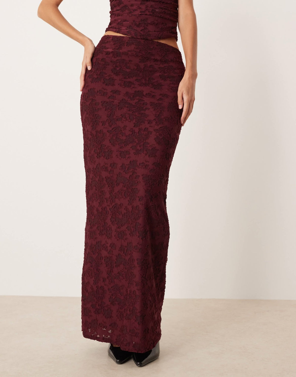 ASOS DESIGN co-ord column maxi skirt in wine burnout floral - ASOS Sample Sale