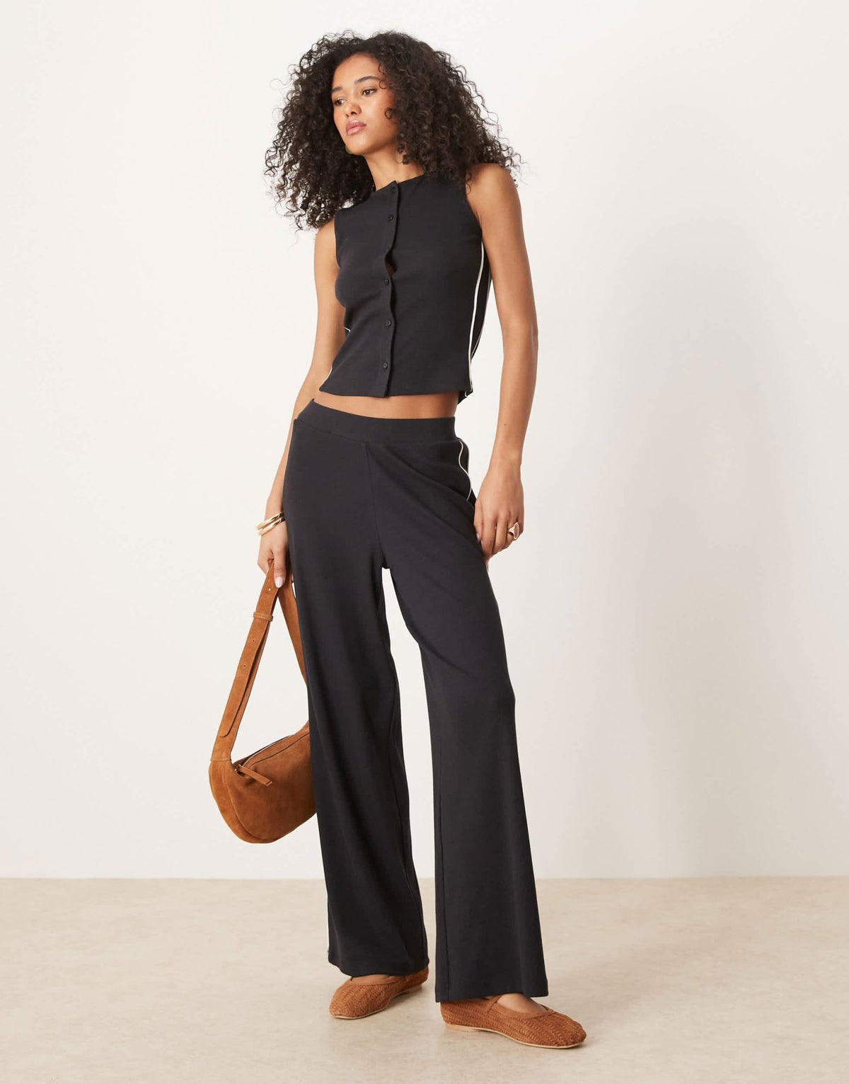 ASOS DESIGN co-ord crew neck button up top with contrast piping in black - ASOS Sample Sale