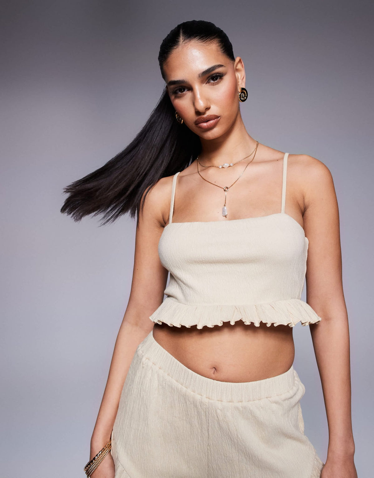 ASOS DESIGN co-ord crinkle frill hem cami crop top in stone - ASOS Sample Sale