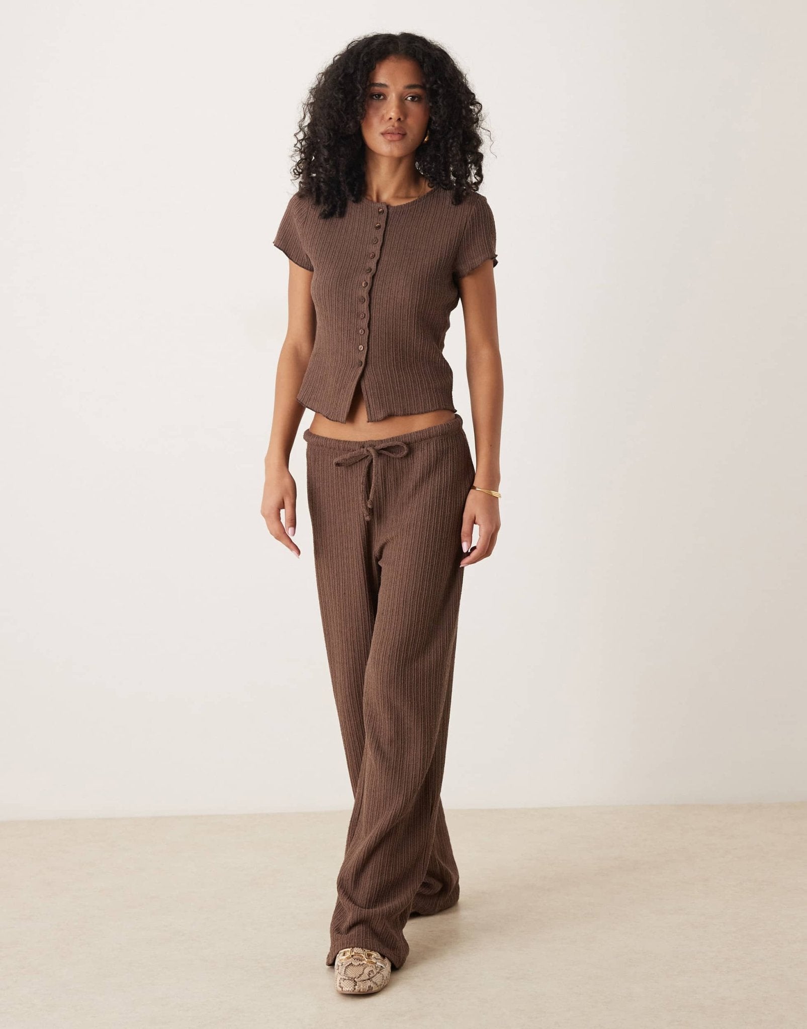 ASOS DESIGN co-ord crochet straight leg trouser with tie waist in choc ...