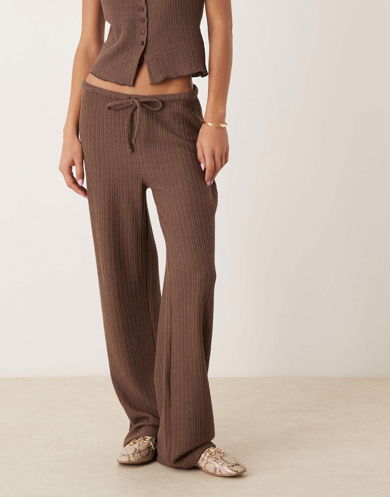 ASOS DESIGN co-ord crochet straight leg trouser with tie waist in choc ...