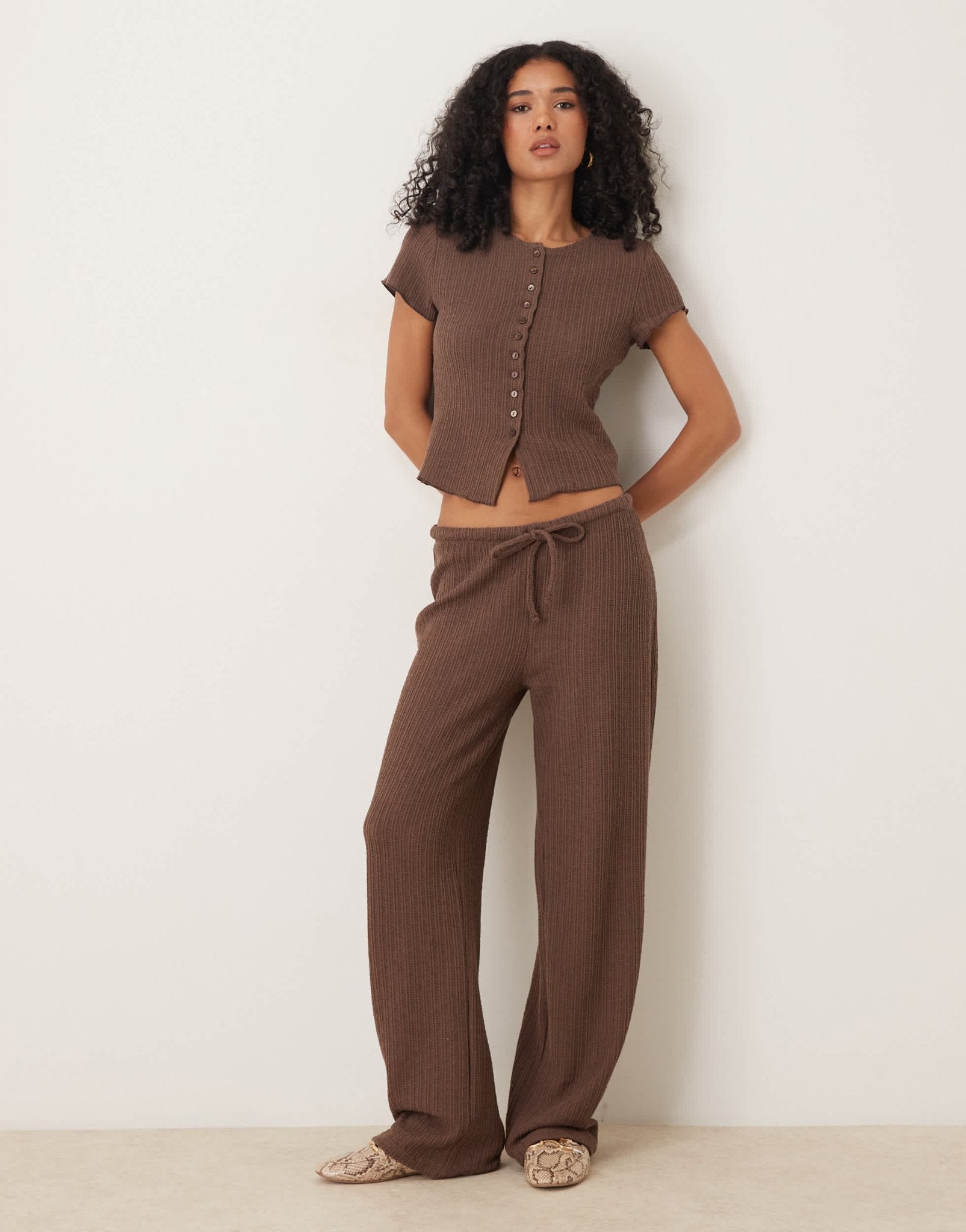 ASOS DESIGN co-ord crochet straight leg trouser with tie waist in choc ...