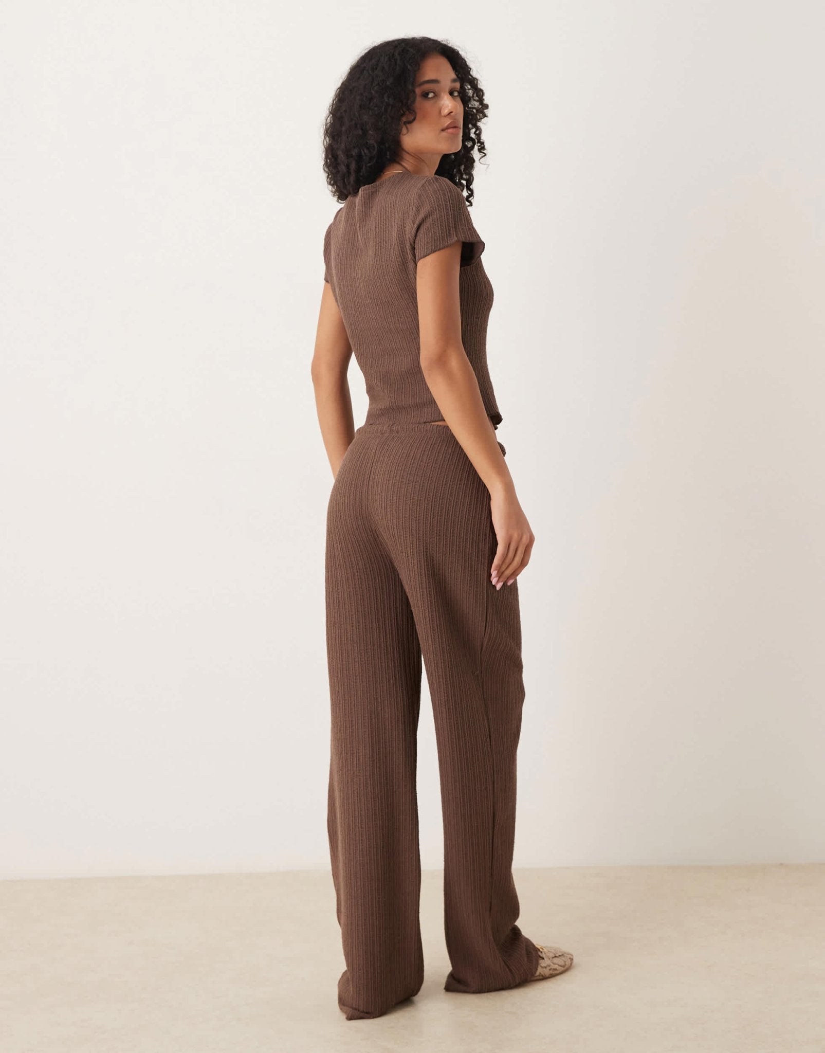ASOS DESIGN co-ord crochet straight leg trouser with tie waist in choc ...