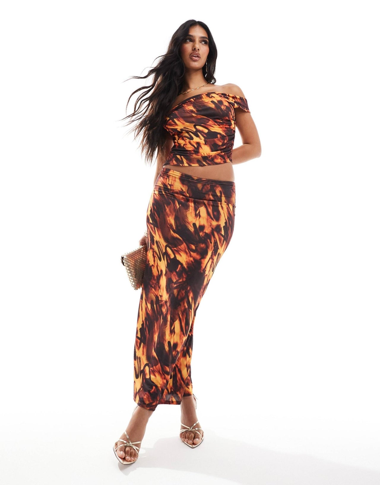ASOS DESIGN co - ord double layer slinky maxi skirt in orange print - ASOS Sample Sale