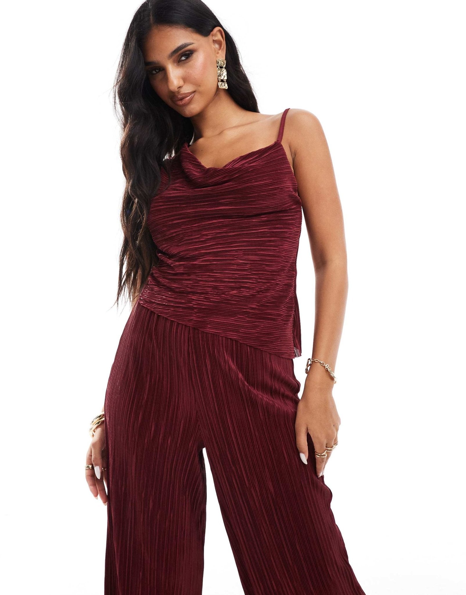 ASOS DESIGN co - ord drape plisse asymmetric top in burgundy - ASOS Sample Sale