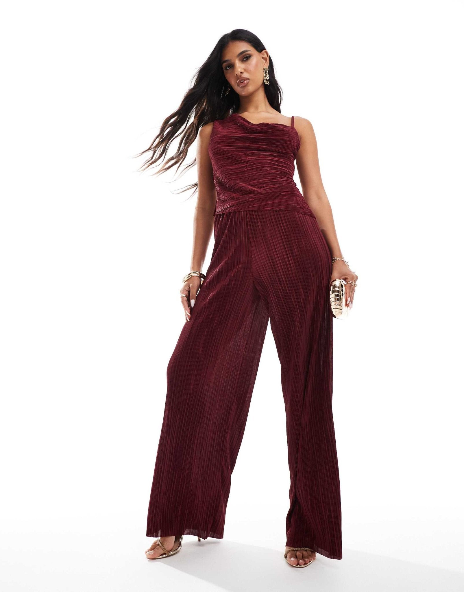 ASOS DESIGN co - ord drape plisse asymmetric top in burgundy - ASOS Sample Sale