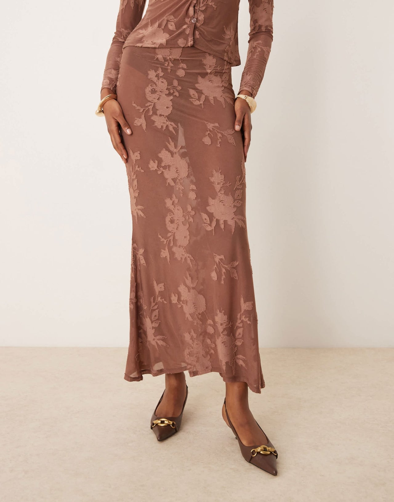 ASOS DESIGN co - ord fishtail maxi skirt in brown flocked mesh - MULTI - ASOS Sample Sale