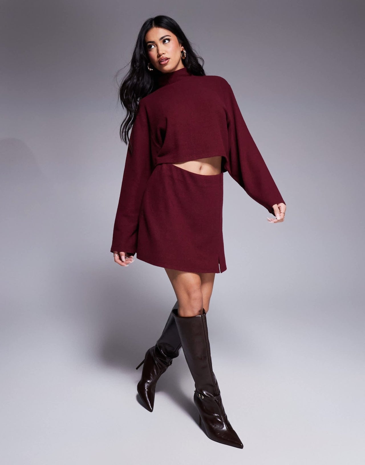 ASOS DESIGN co - ord jersey ribbed mini skirt with split detail in burgundy - ASOS Sample Sale