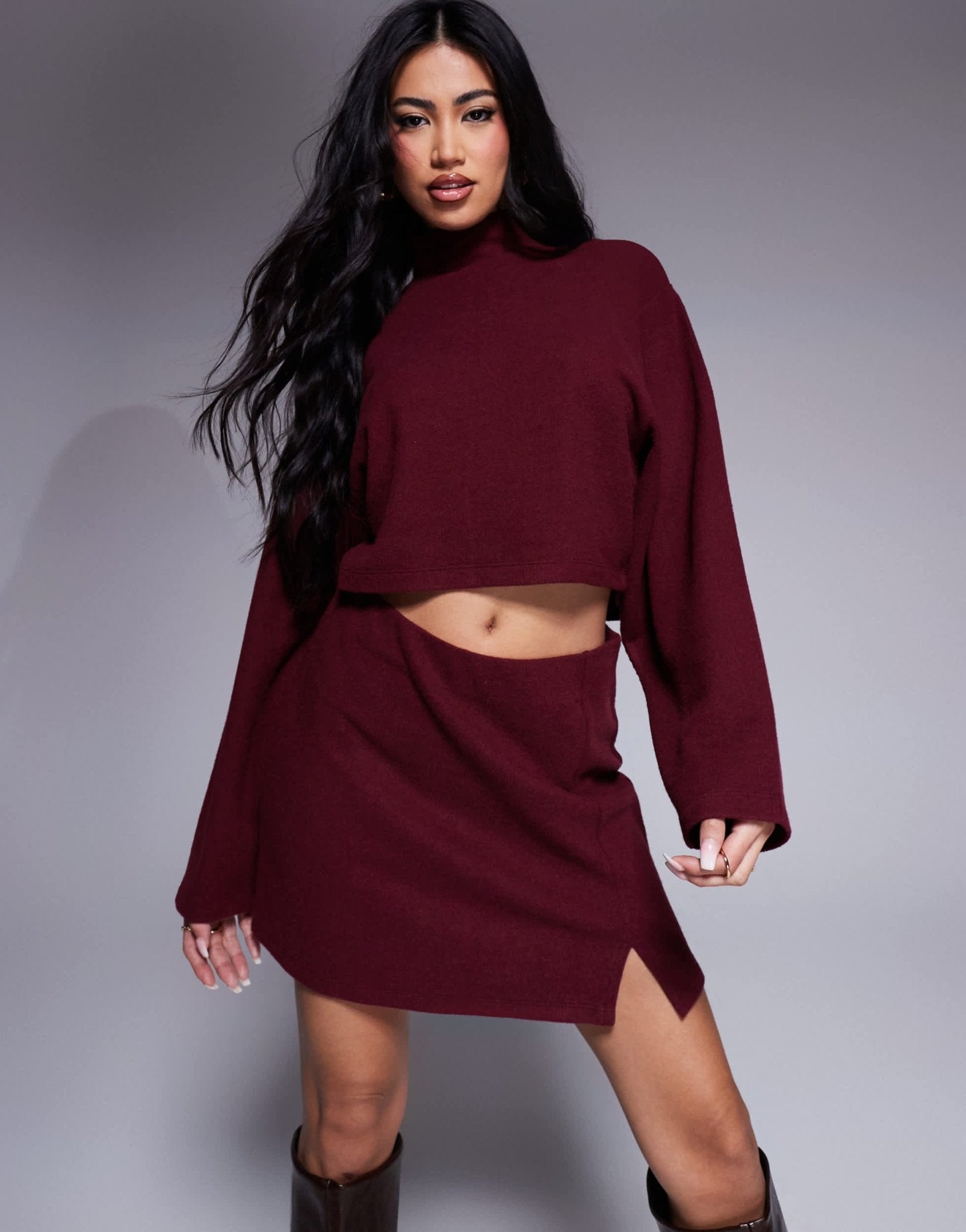 ASOS DESIGN co - ord jersey ribbed mini skirt with split detail in burgundy - ASOS Sample Sale