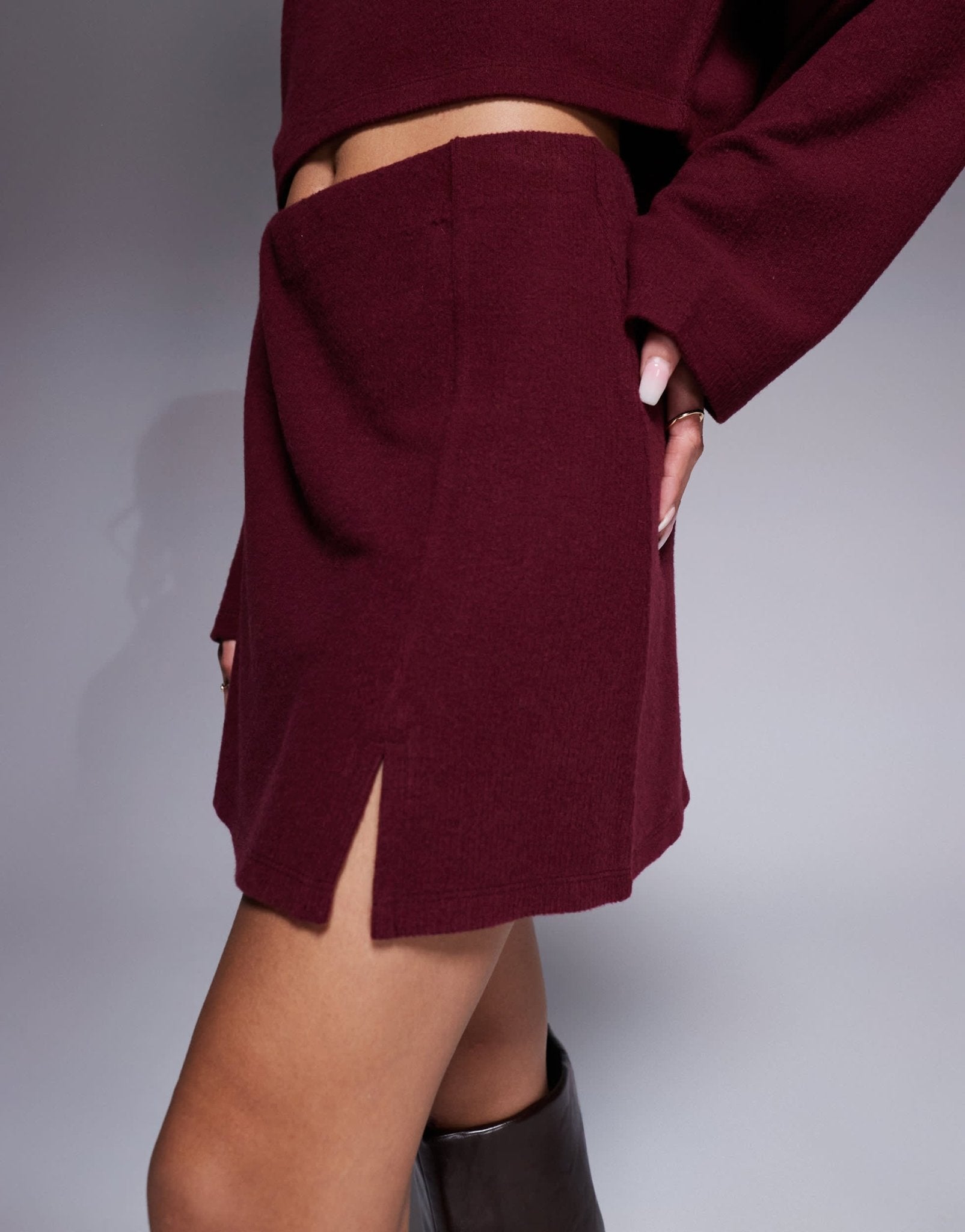 ASOS DESIGN co - ord jersey ribbed mini skirt with split detail in burgundy - ASOS Sample Sale