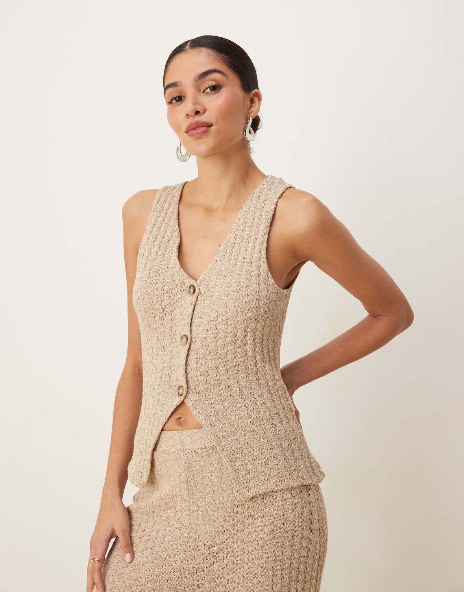 ASOS DESIGN co-ord knit button through sleeveless waistcoat in stone - ASOS Sample Sale