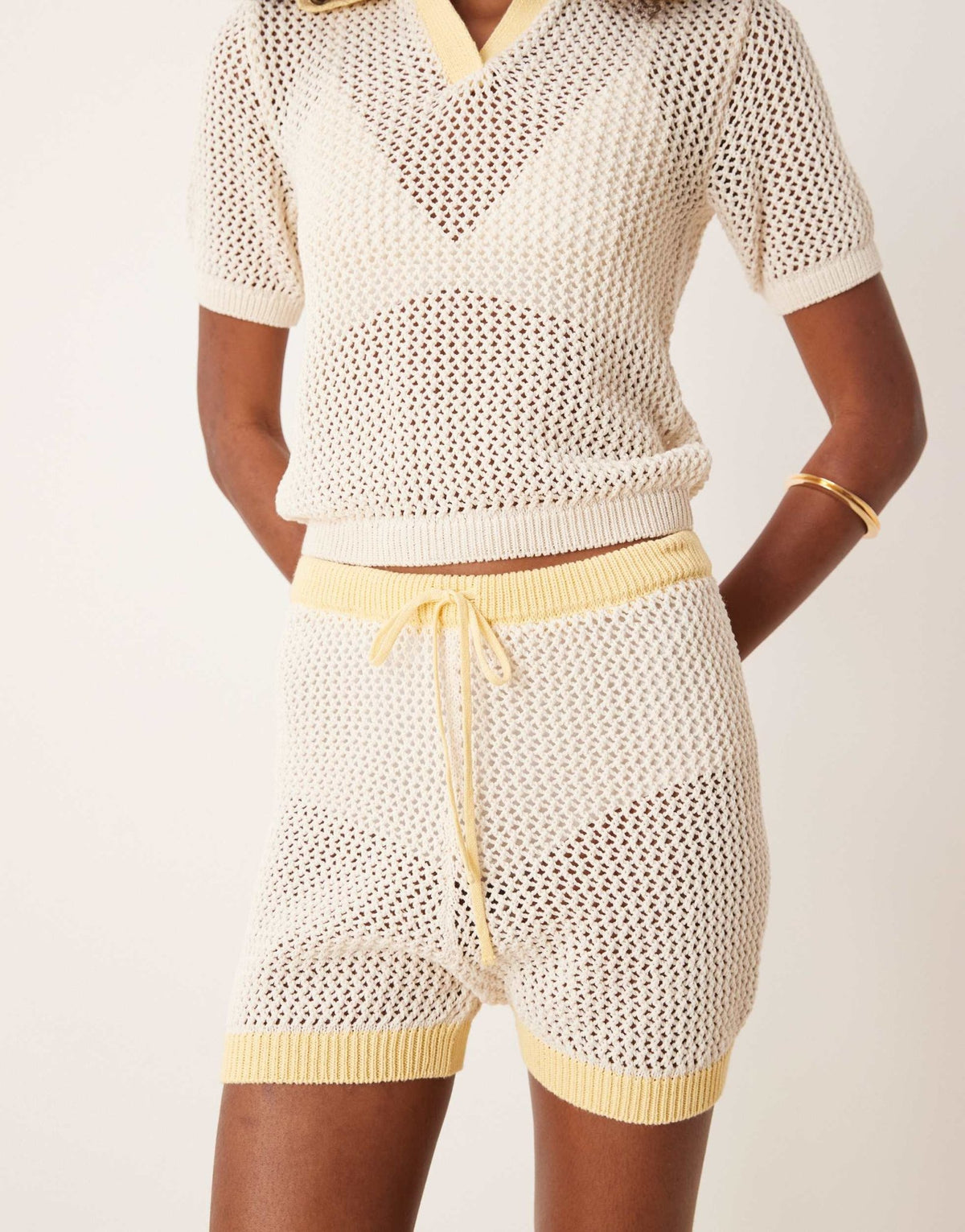 ASOS DESIGN co-ord knitted open stitch contrast trim shorts in cream and yellow - ASOS Sample Sale