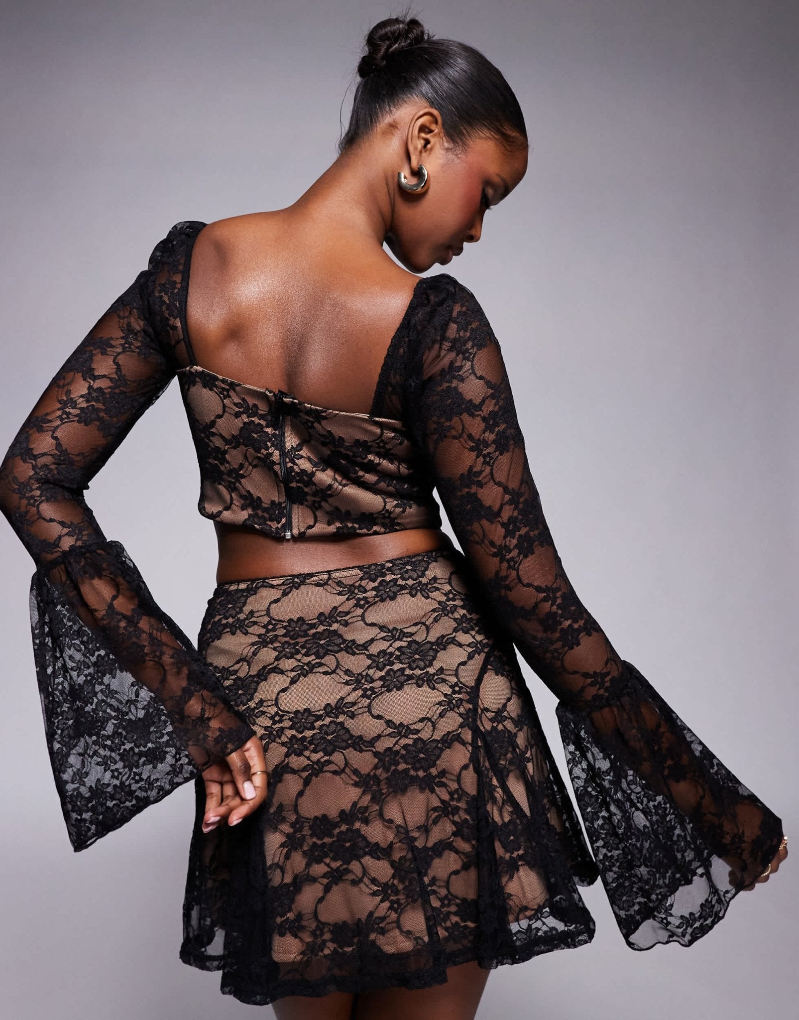 ASOS DESIGN co - ord lace long sleeve top with tie bust detail in black - ASOS Sample Sale