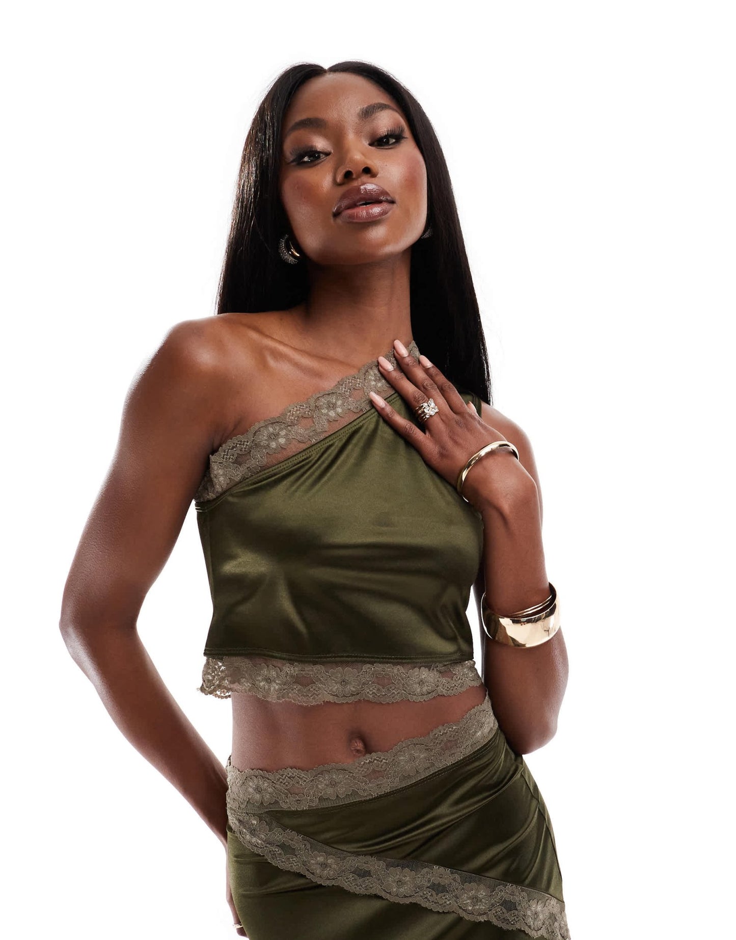 ASOS DESIGN co - ord lace trim one shoulder stretch satin crop top in khaki - ASOS Sample Sale