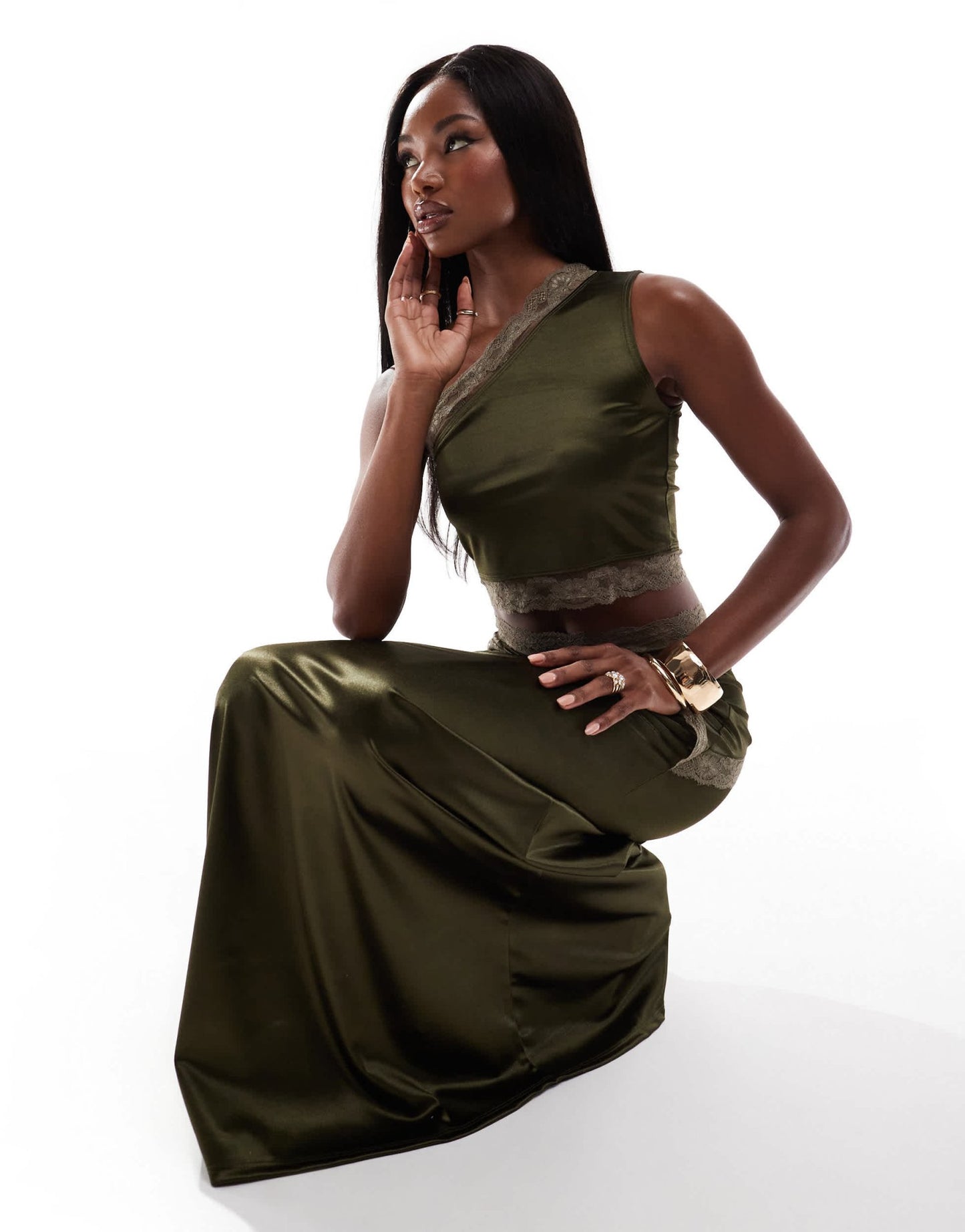 ASOS DESIGN co - ord lace trim one shoulder stretch satin crop top in khaki - ASOS Sample Sale