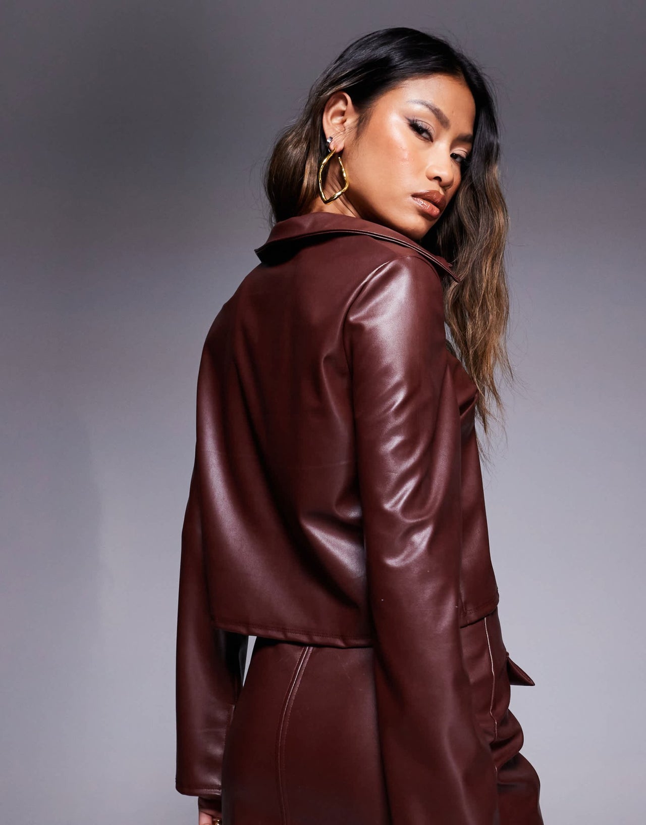 ASOS DESIGN co - ord leather look cropped boxy fit long sleeve shirt in brown - ASOS Sample Sale