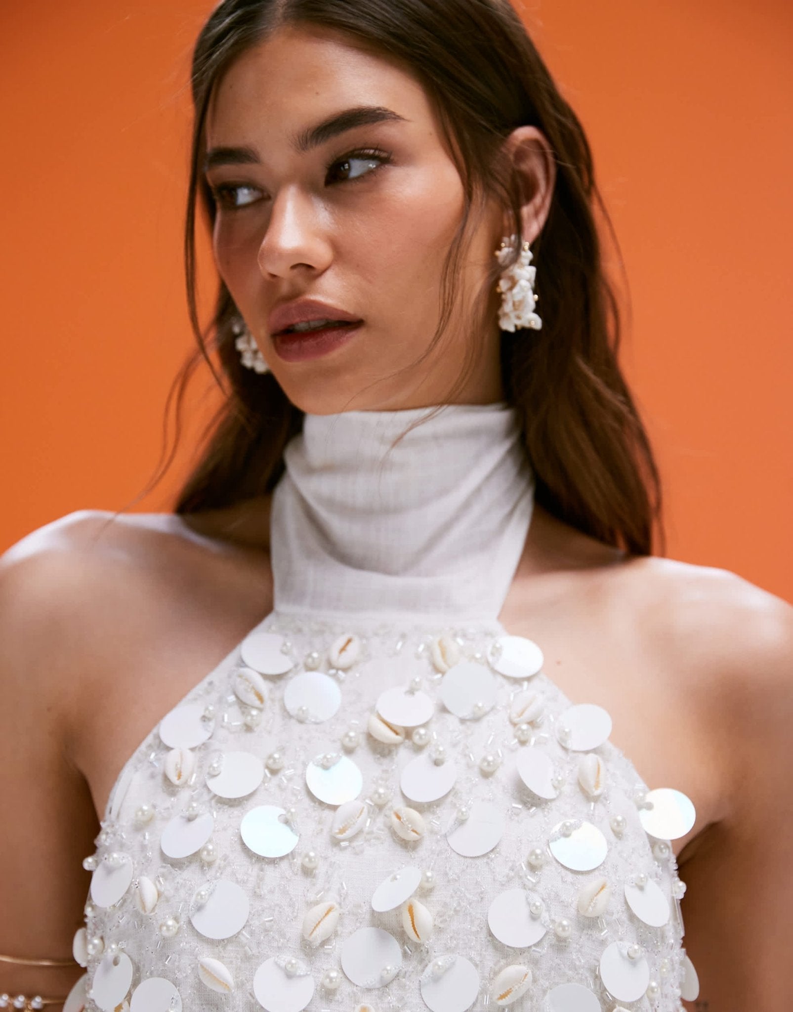 ASOS DESIGN co-ord linen blend halter top with faux shell and sequin embellisment in cream - ASOS Sample Sale