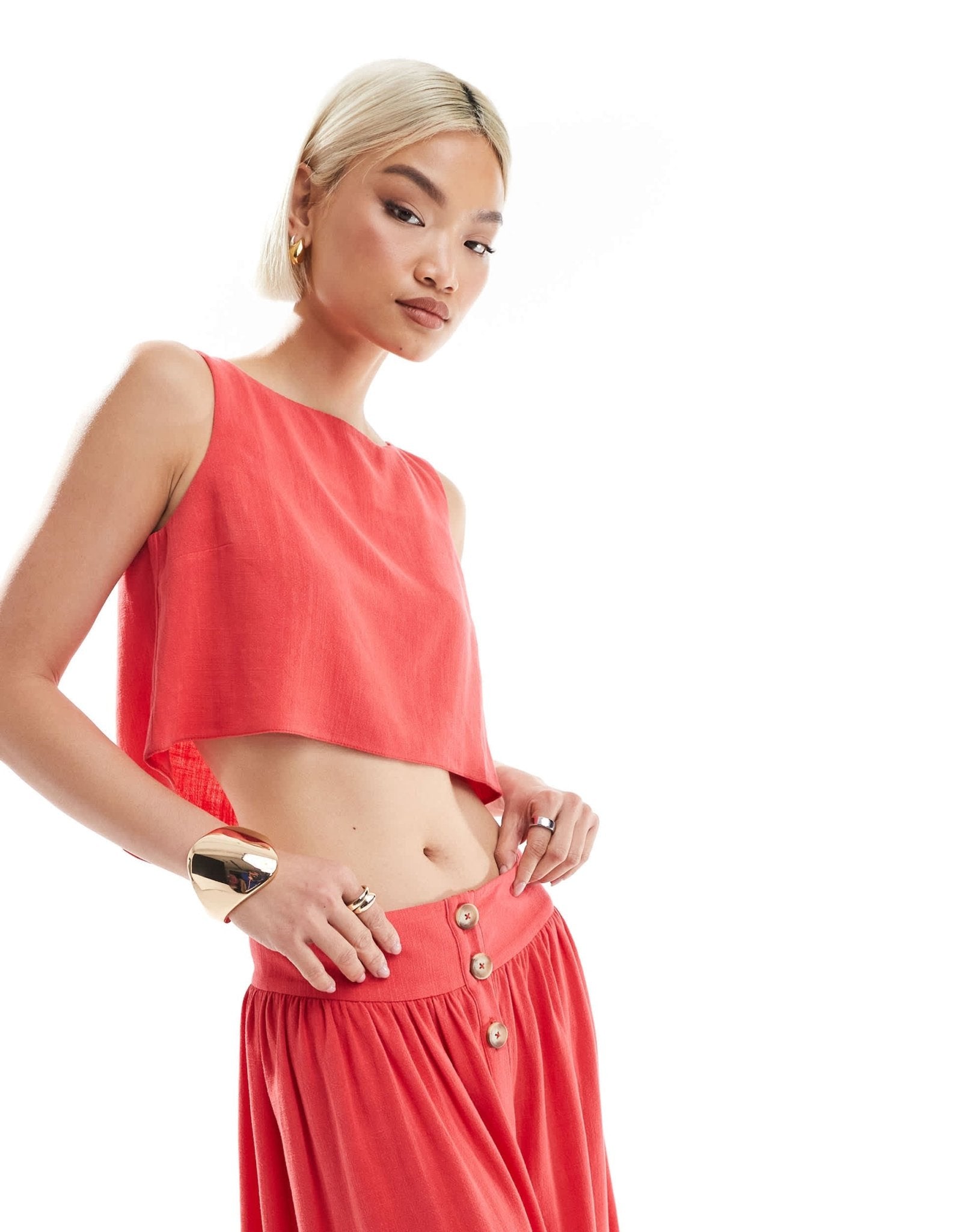 ASOS DESIGN co - ord linen blend sleeveless top in coral - ASOS Sample Sale