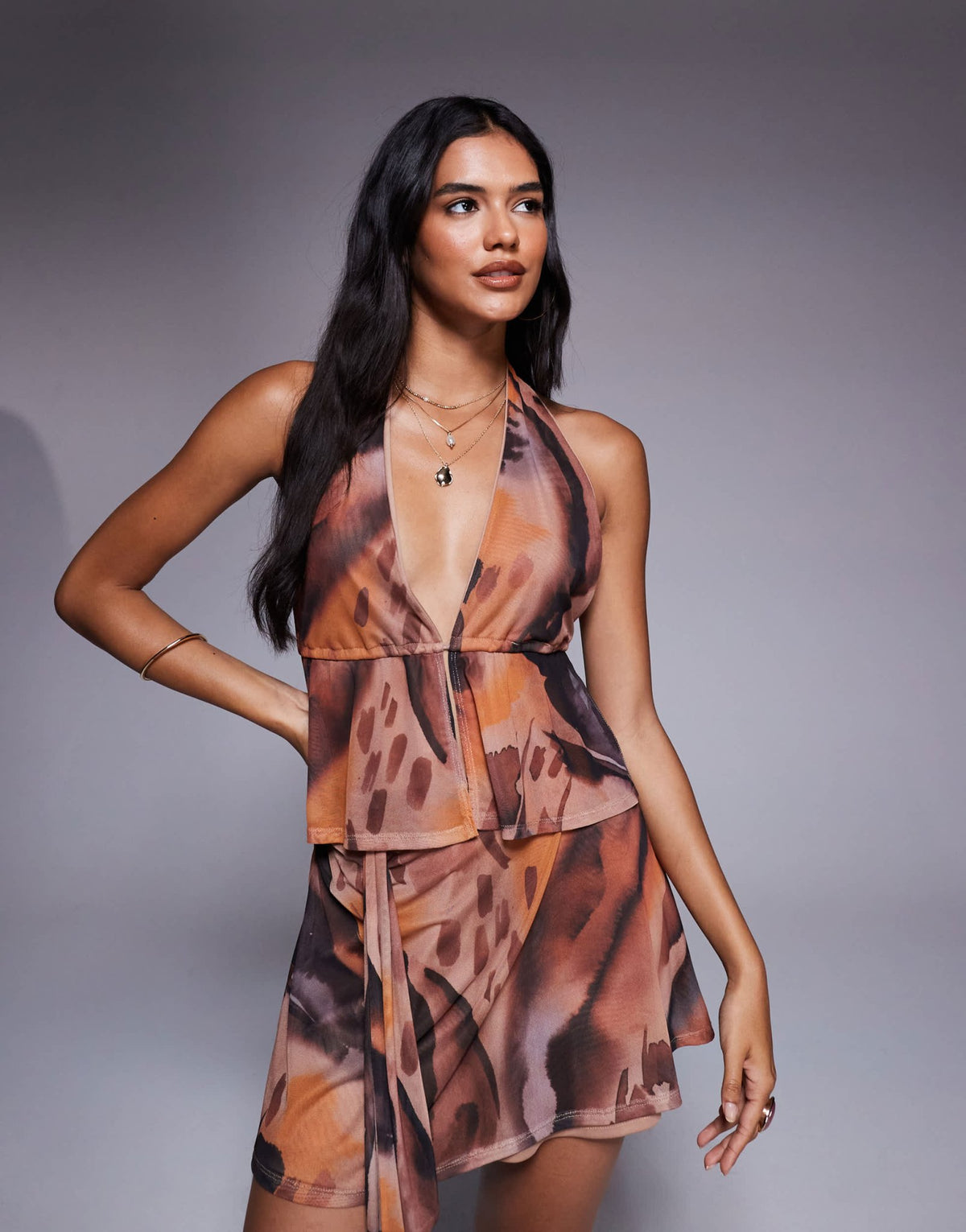 ASOS DESIGN co-ord mesh halterneck top with open back in brown abstract print - ASOS Sample Sale