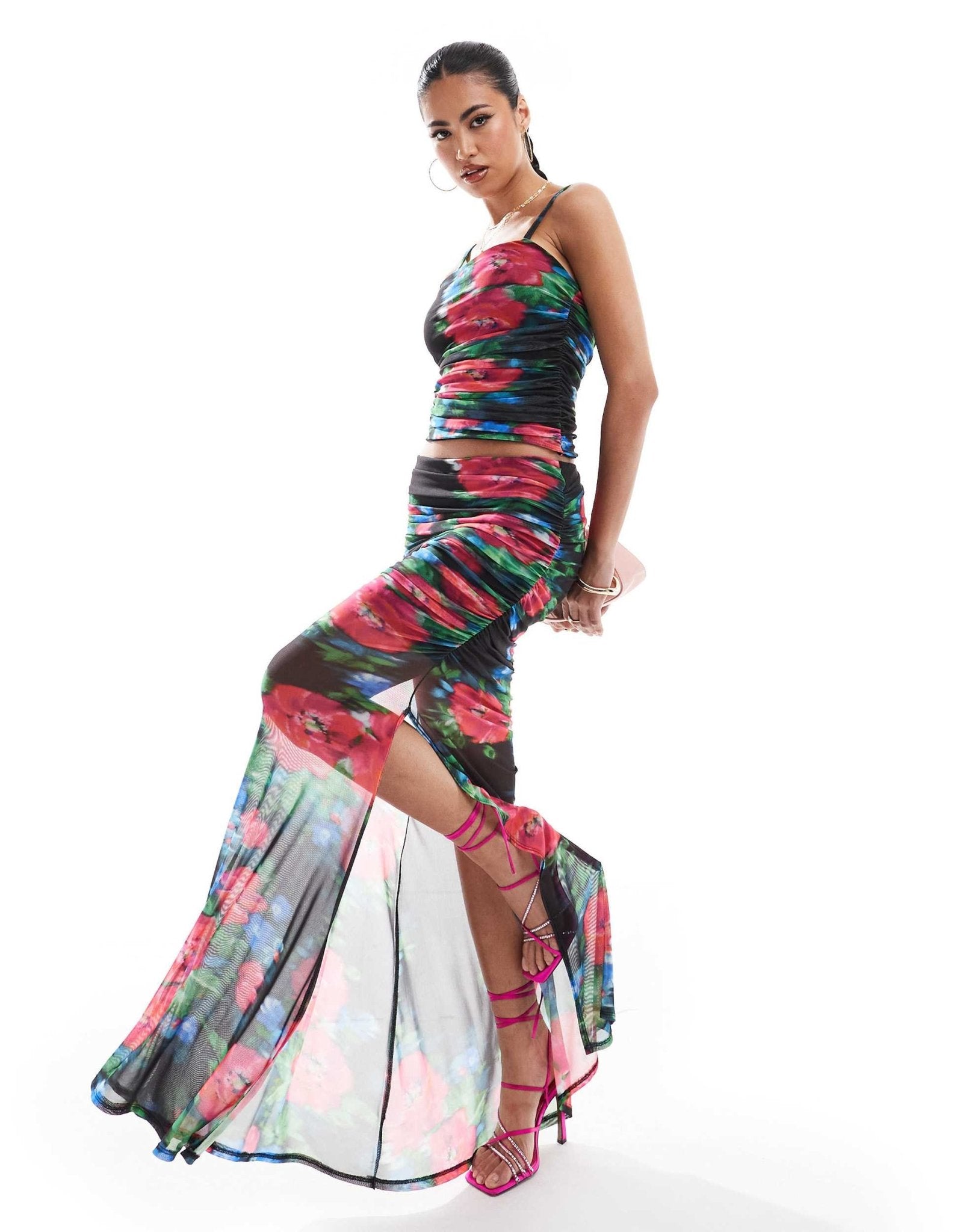 ASOS DESIGN co - ord mesh maxi skirt with side split in floral print - ASOS Sample Sale