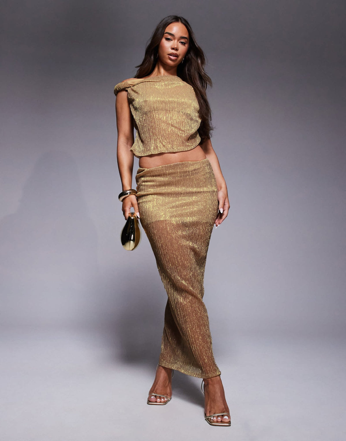 ASOS DESIGN co-ord metallic plisse twist maxi skirt in gold - ASOS Sample Sale