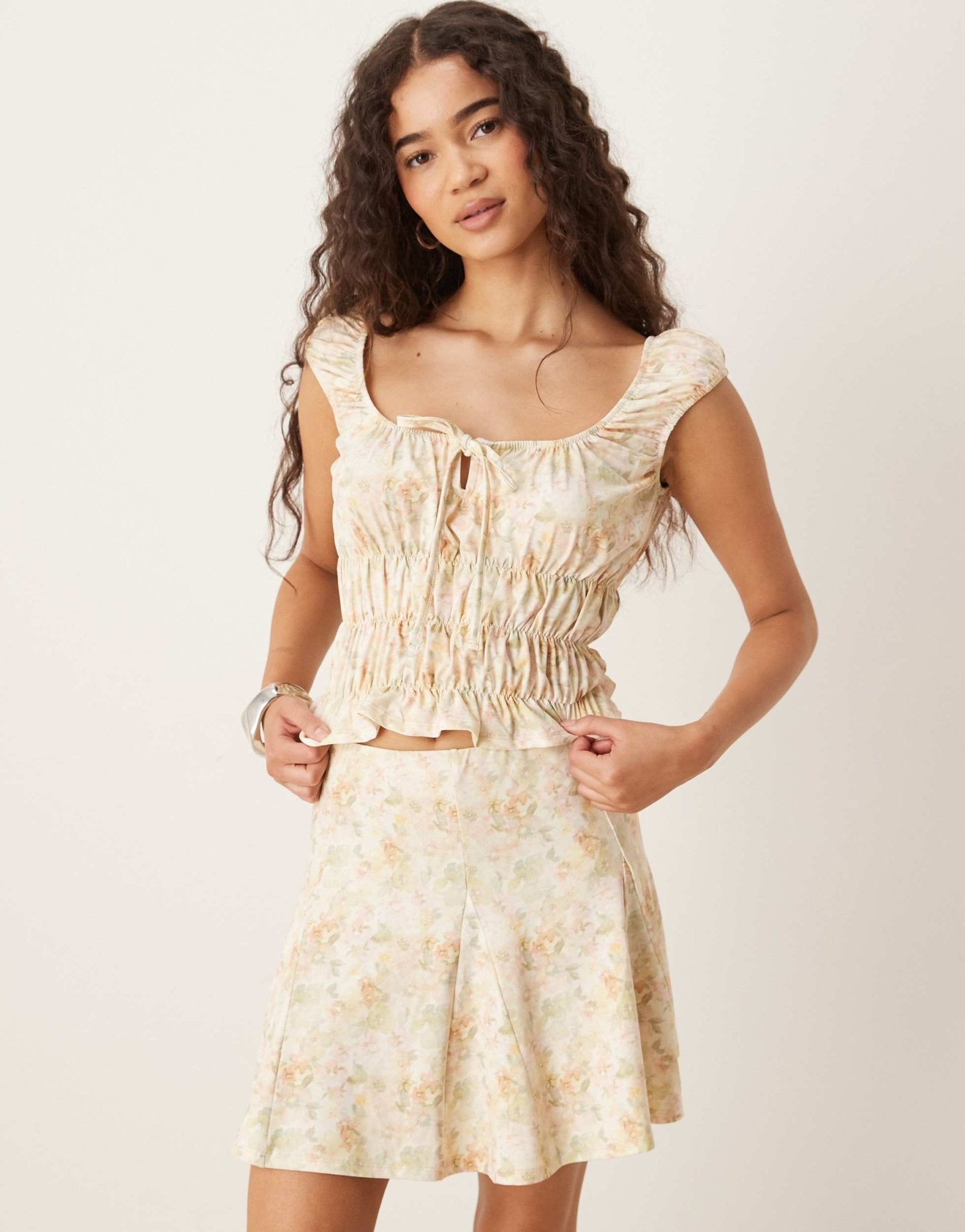ASOS DESIGN co - ord milkmaid short sleeve top in yellow floral print - ASOS Sample Sale