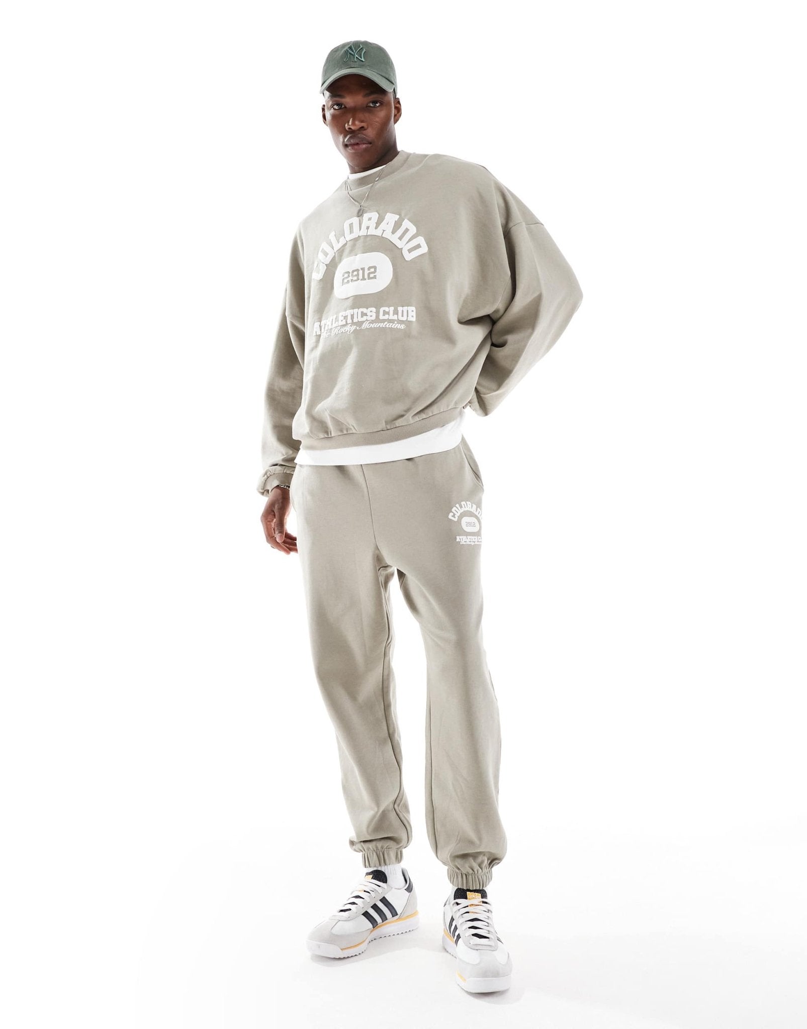ASOS DESIGN co - ord oversized jogger with vintage varsity puff print in khaki - KHAKI - ASOS Sample Sale