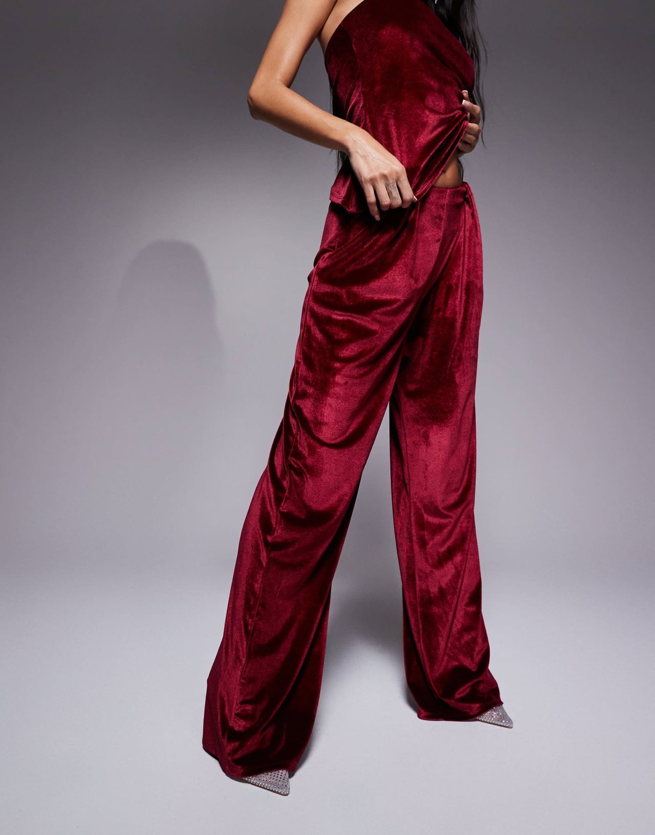 ASOS DESIGN co - ord pleated wide leg velvet trousers in burgundy - ASOS Sample Sale
