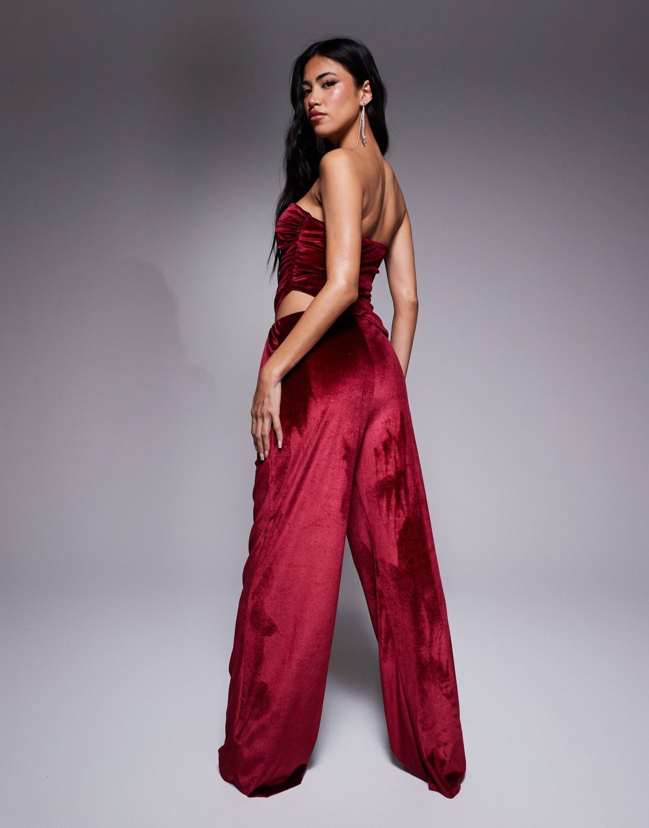 ASOS DESIGN co - ord pleated wide leg velvet trousers in burgundy - ASOS Sample Sale