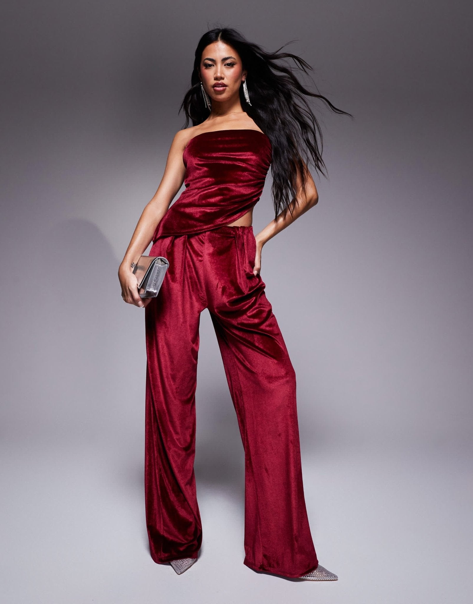 ASOS DESIGN co - ord pleated wide leg velvet trousers in burgundy - ASOS Sample Sale