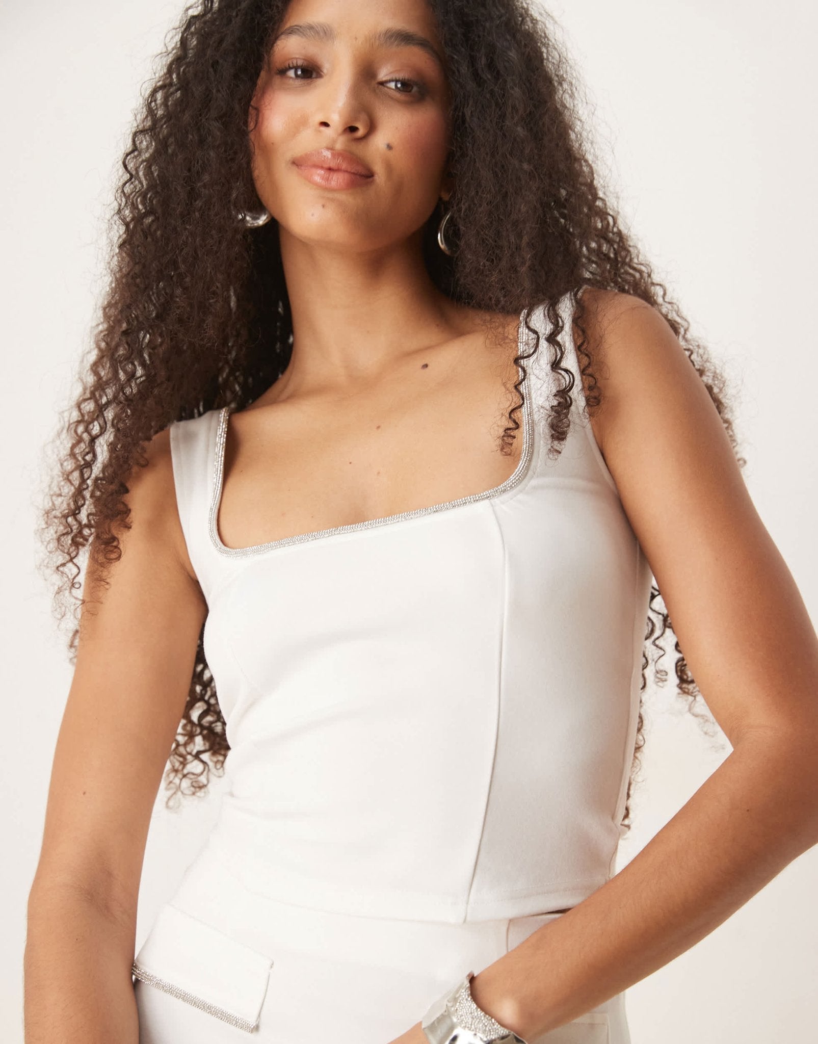 ASOS DESIGN co-ord ponte vest top with diamante trim in white - ASOS Sample Sale