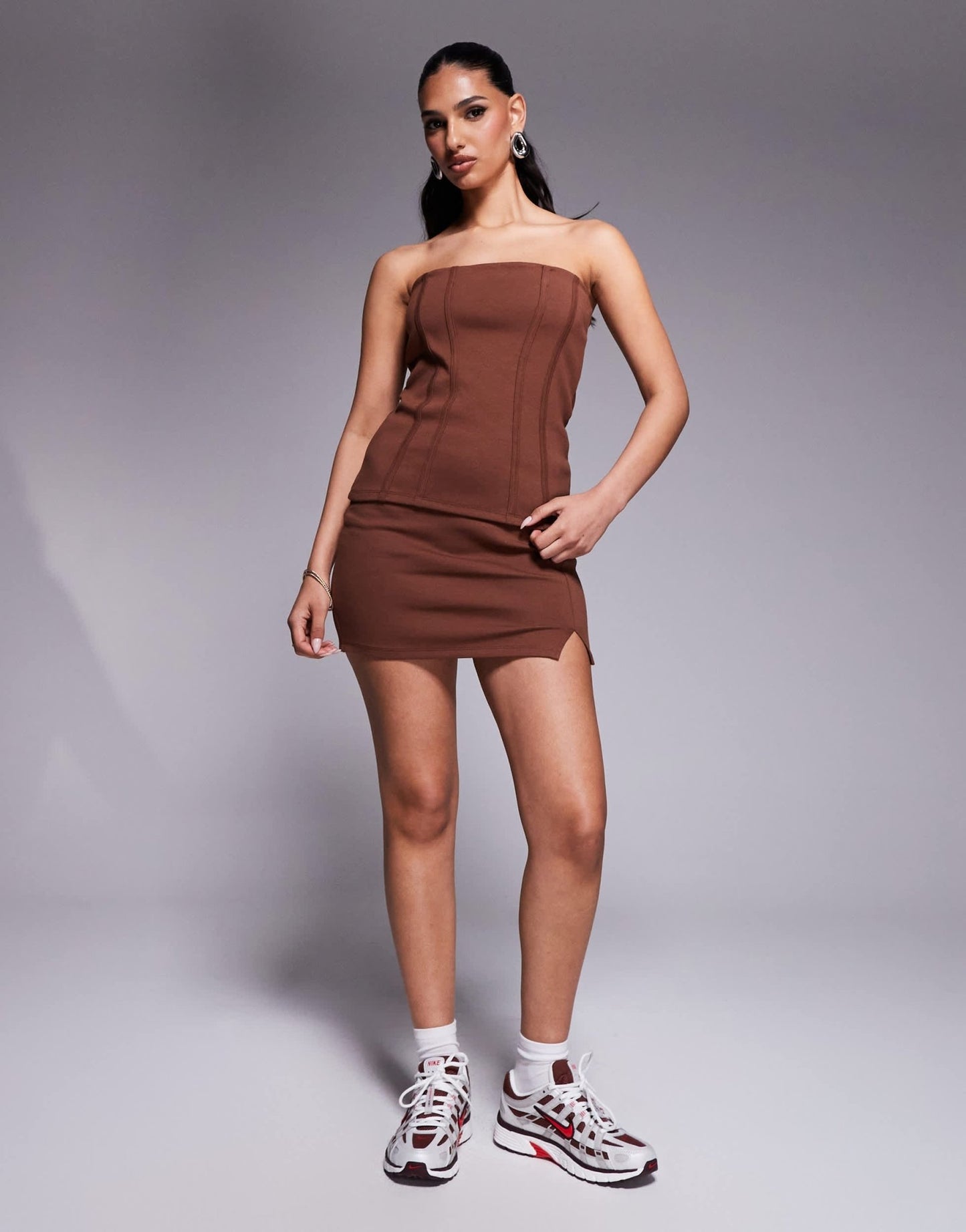 ASOS DESIGN co - ord premium ponte long line bandeau with seam detail in chocolate - ASOS Sample Sale