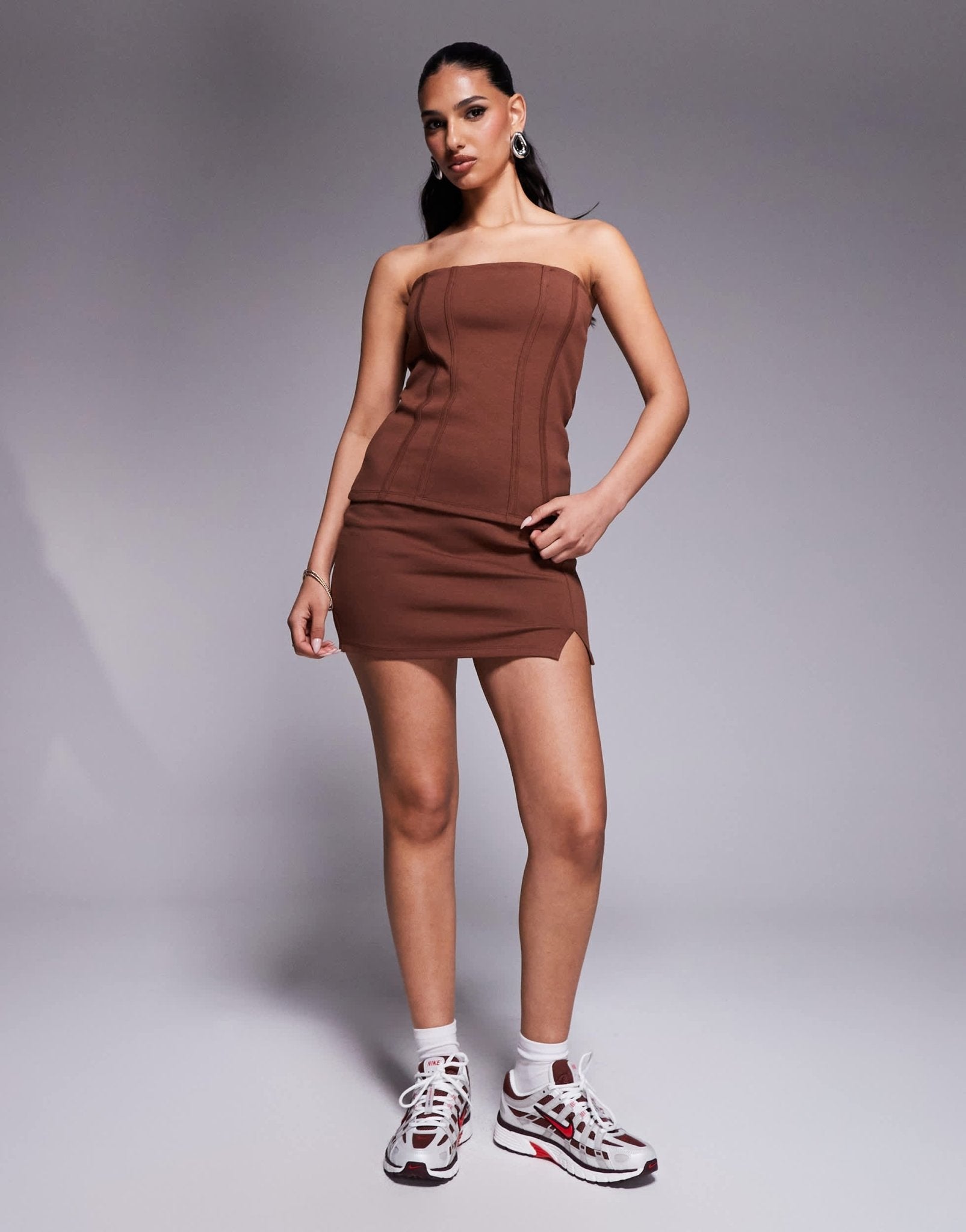 ASOS DESIGN co - ord premium ponte long line bandeau with seam detail in chocolate - ASOS Sample Sale