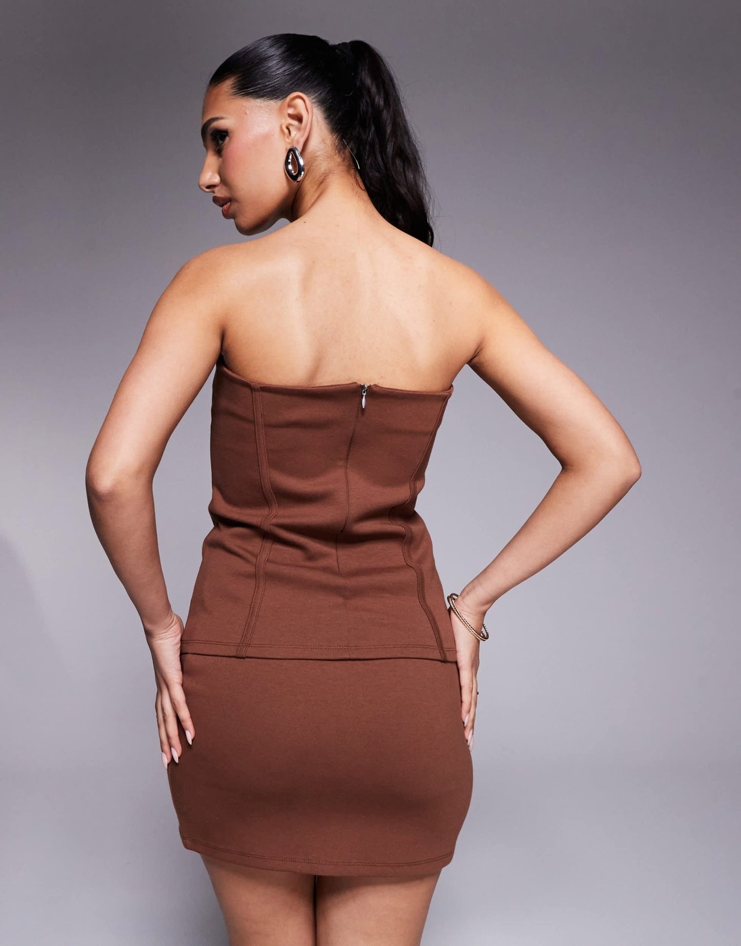 ASOS DESIGN co - ord premium ponte long line bandeau with seam detail in chocolate - ASOS Sample Sale