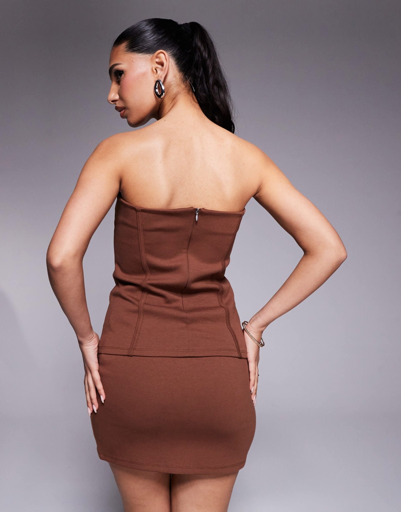 ASOS DESIGN co - ord premium ponte long line bandeau with seam detail in chocolate - ASOS Sample Sale