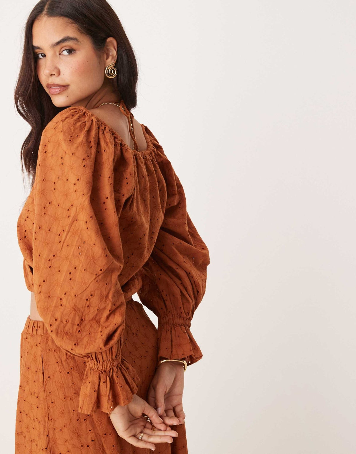 ASOS DESIGN co-ord premium wrap volume sleeve top in broderie in brown - ASOS Sample Sale