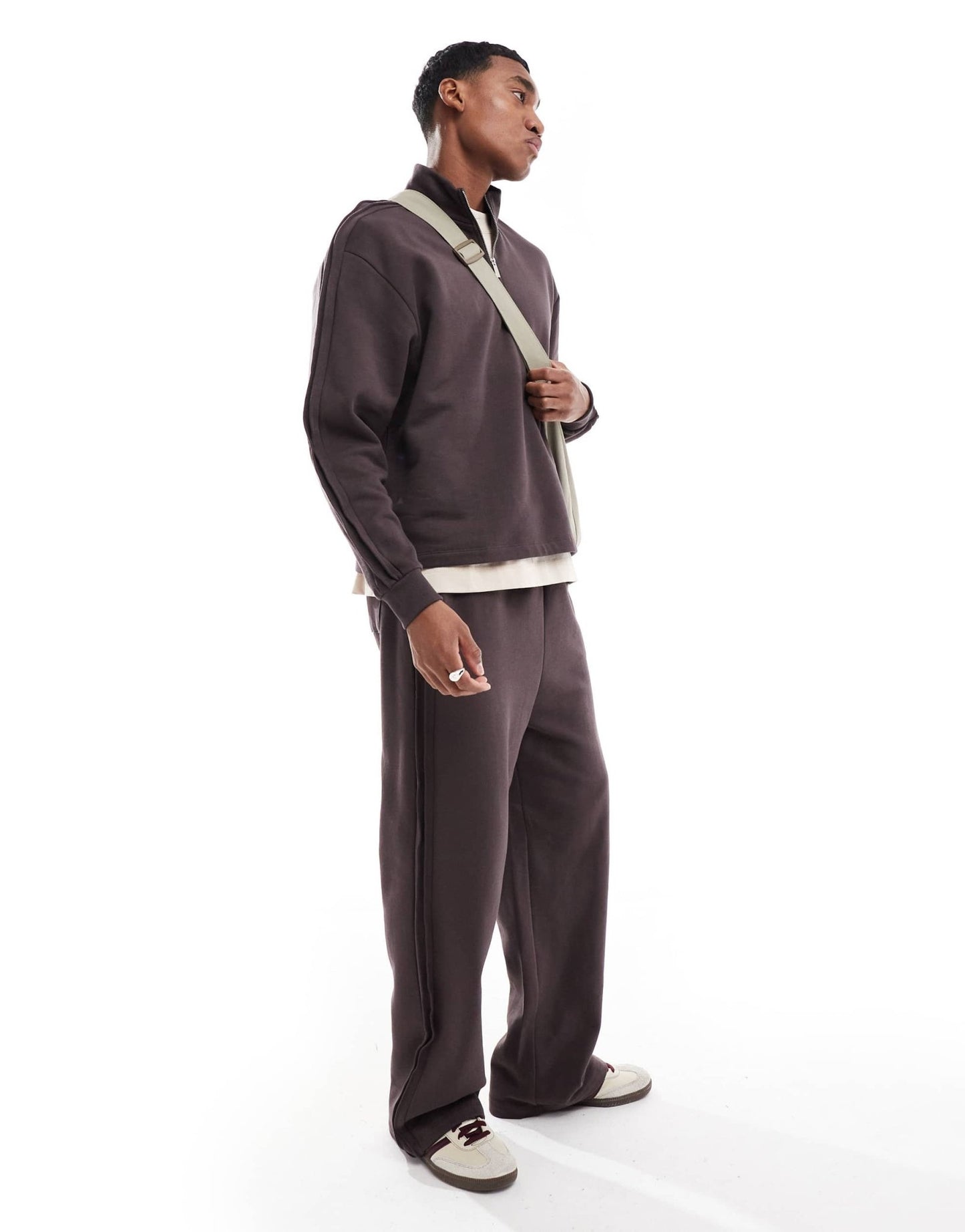 ASOS DESIGN co - ord quarter zip funnel neck sweatshirt in brown - ASOS Sample Sale