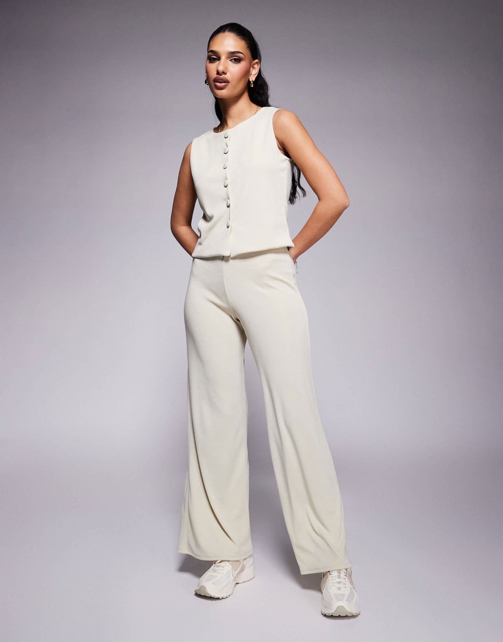 ASOS DESIGN co - ord rib wide leg trouser in stone - ASOS Sample Sale