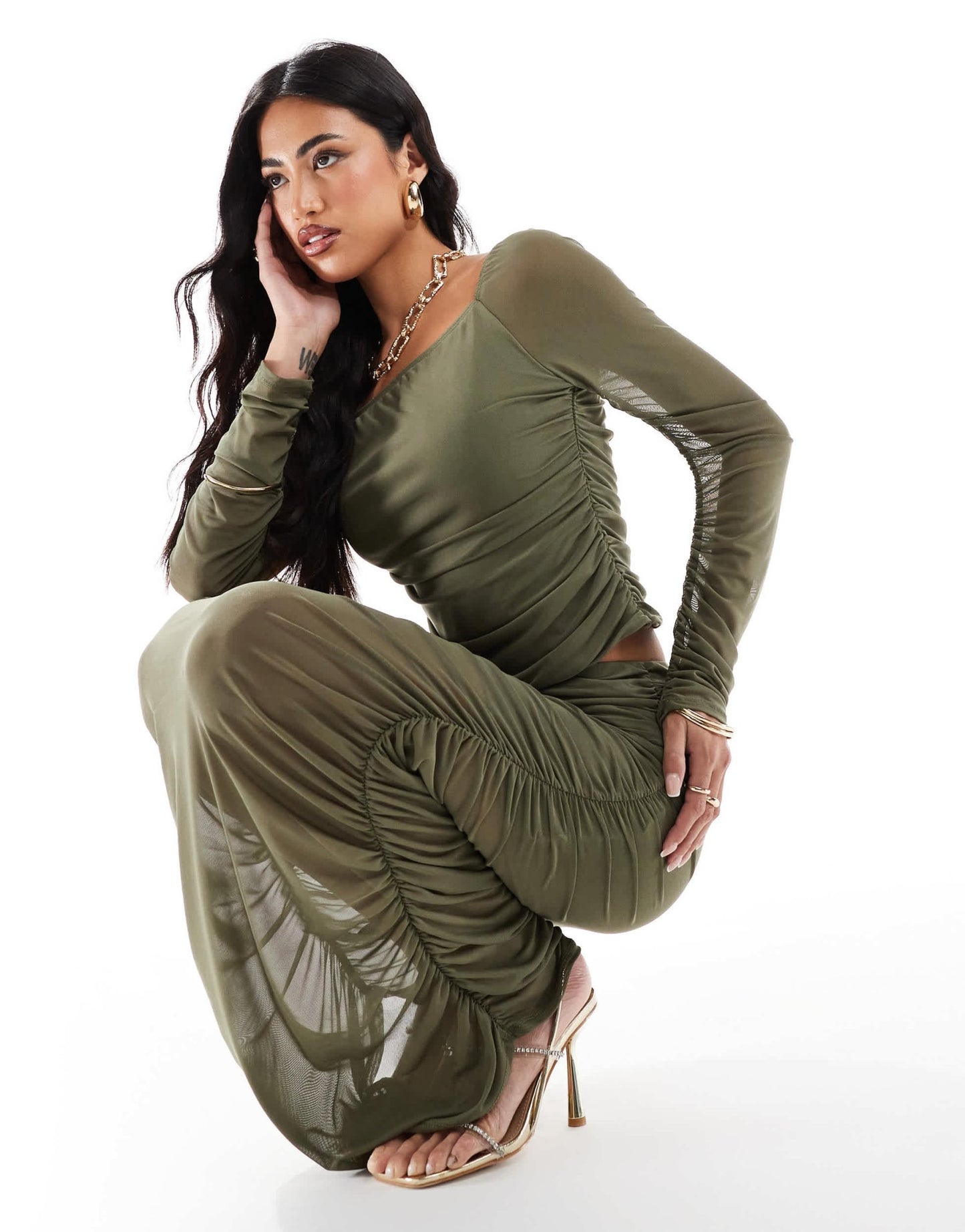 ASOS DESIGN co - ord ruched maxi skirt in khaki - ASOS Sample Sale