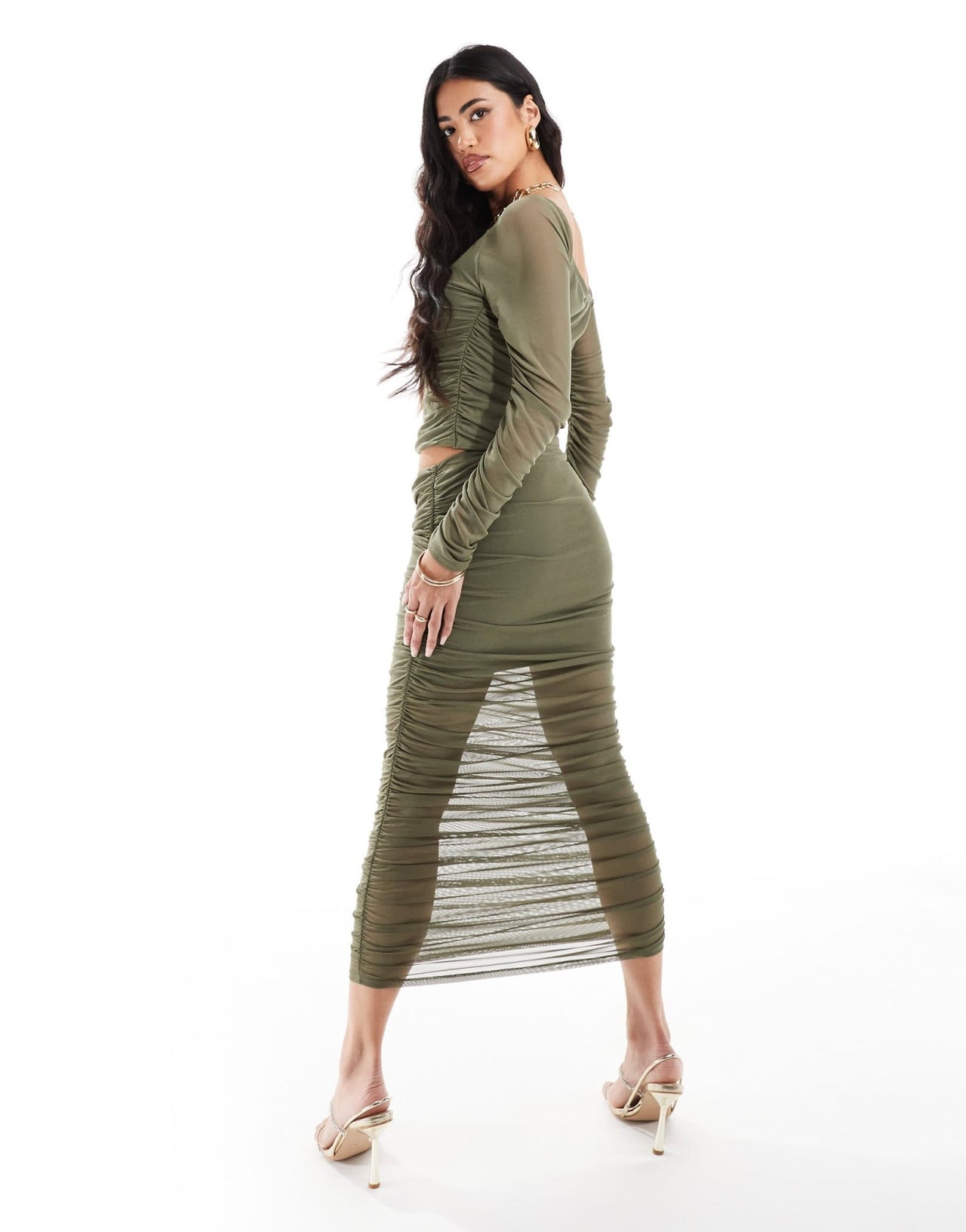 ASOS DESIGN co - ord ruched maxi skirt in khaki - ASOS Sample Sale