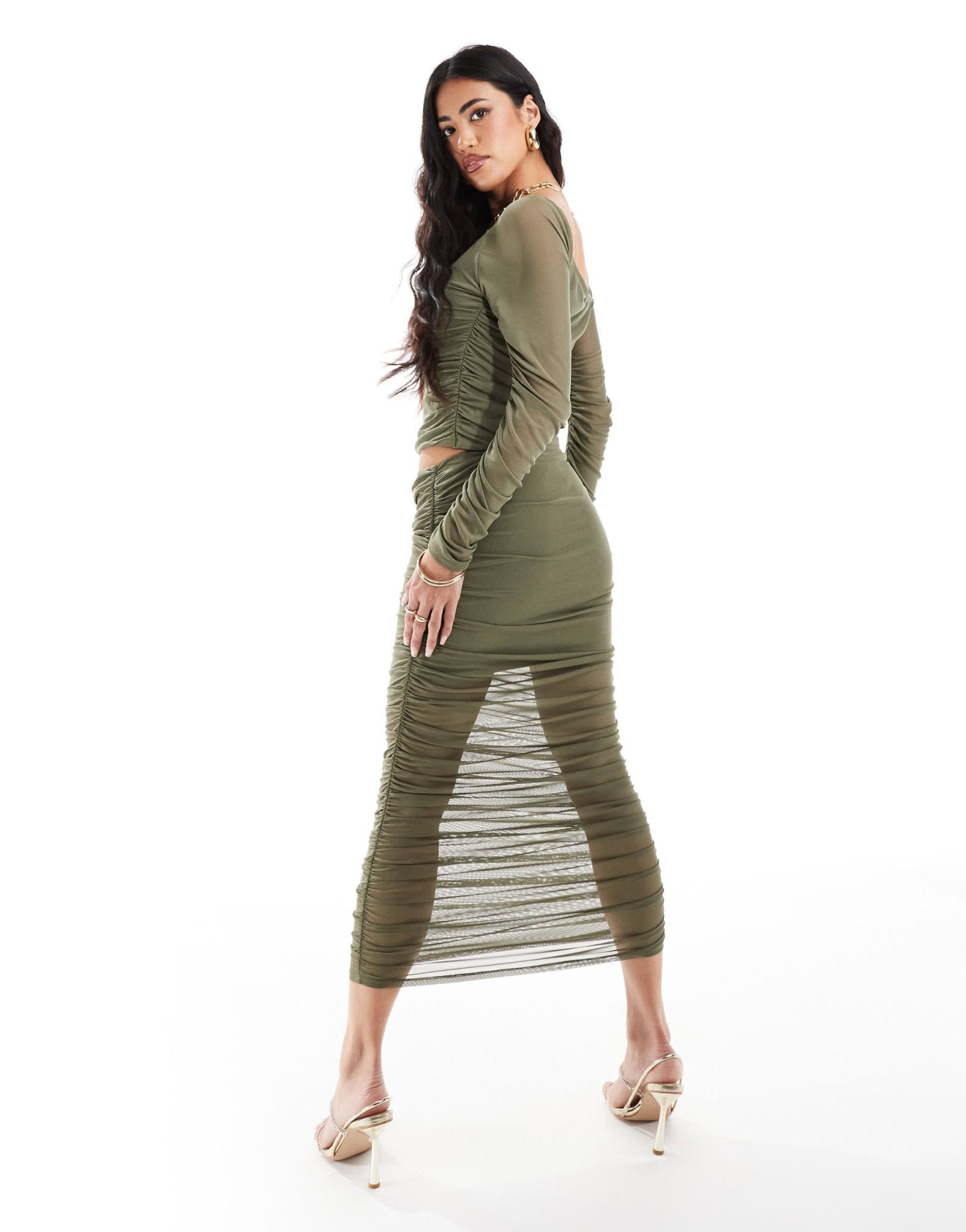 ASOS DESIGN co - ord ruched maxi skirt in khaki - ASOS Sample Sale