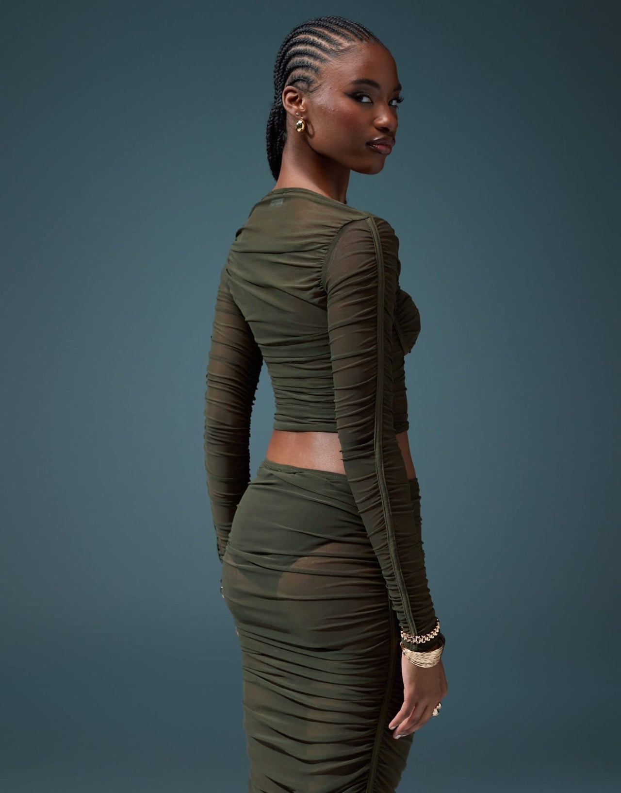 ASOS DESIGN co - ord ruched mesh bust cup top in khaki - ASOS Sample Sale
