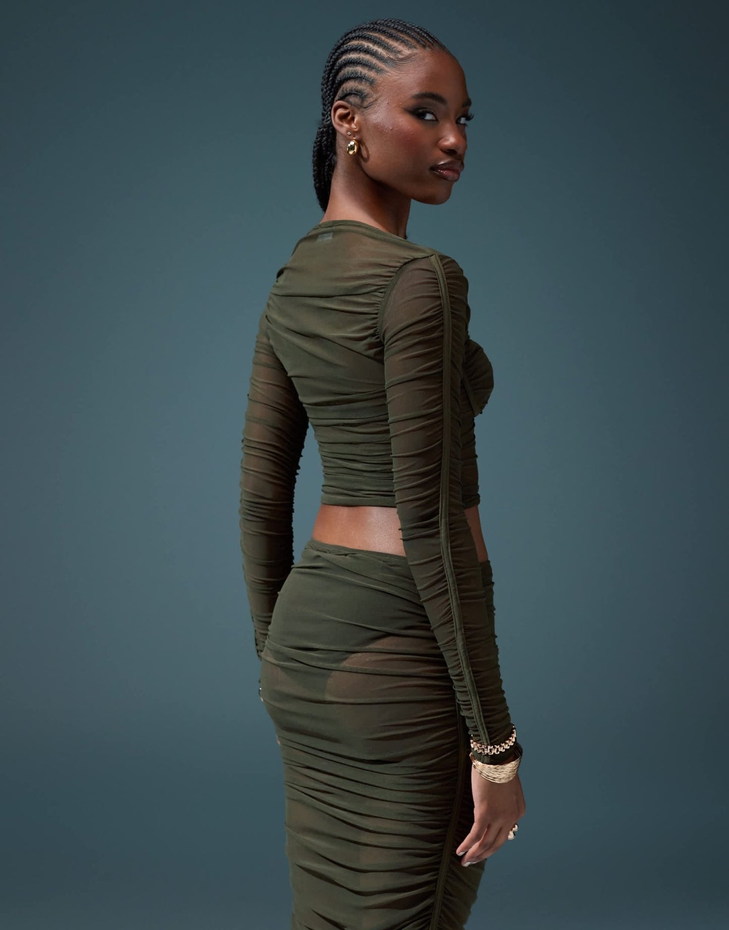 ASOS DESIGN co - ord ruched mesh bust cup top in khaki - ASOS Sample Sale