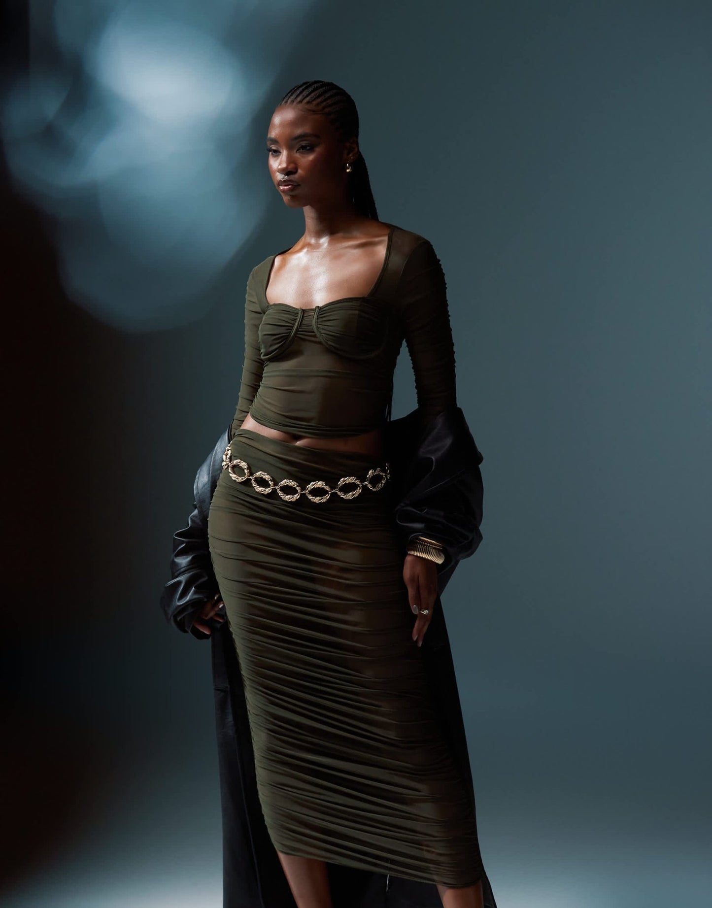 ASOS DESIGN co - ord ruched mesh bust cup top in khaki - ASOS Sample Sale
