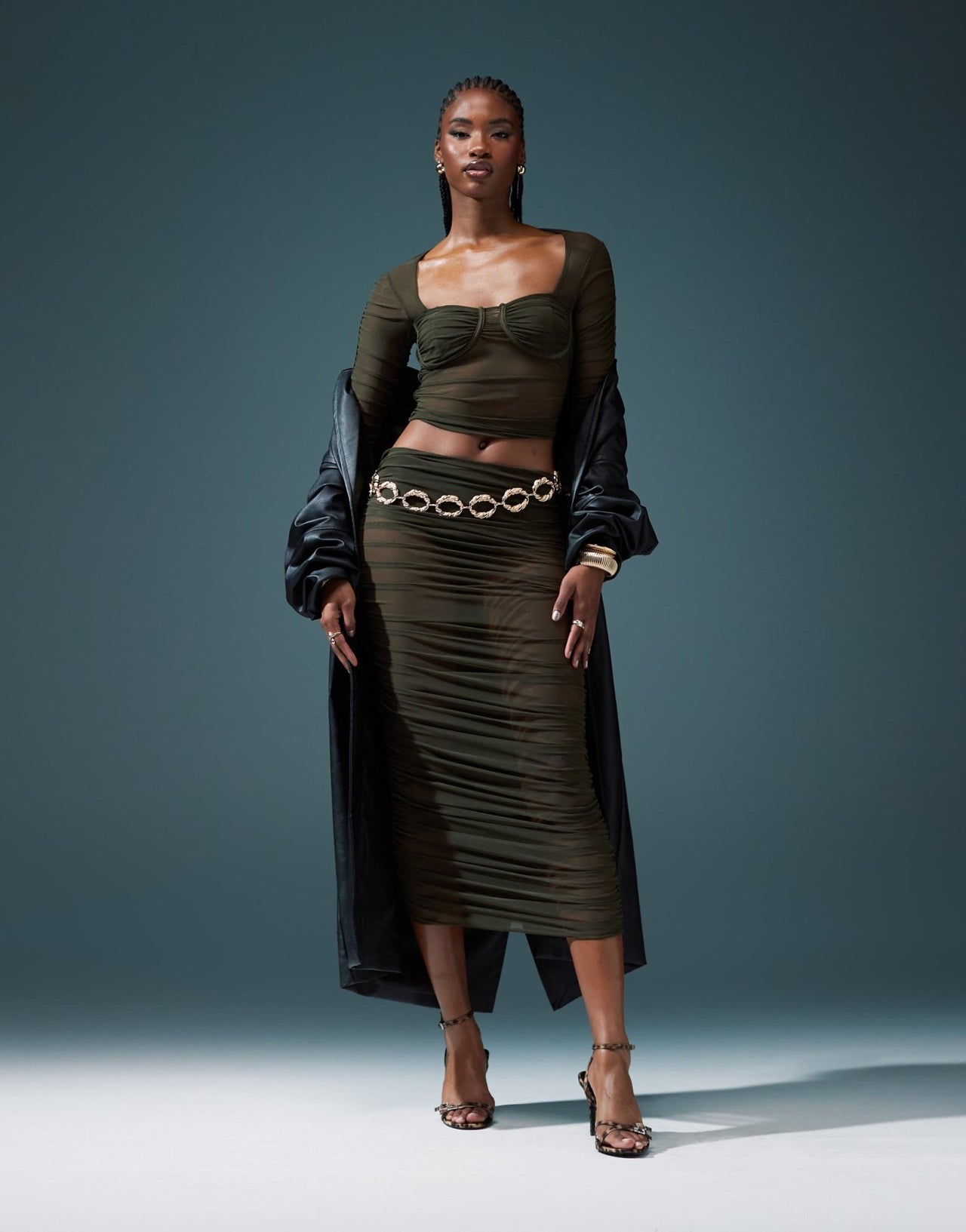 ASOS DESIGN co - ord ruched mesh midi skirt in khaki - ASOS Sample Sale